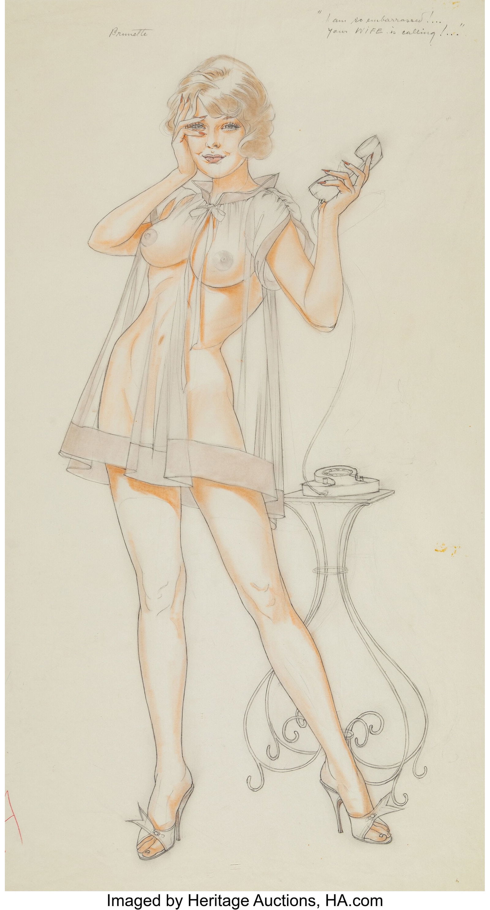 Alberto Vargas (Peruvian/American, 1896-1982) I': Alberto Vargas (Peruvian/American, 1896-1982) I'm So Embarrassed Your Wife Is Calling, Playboy study, March 1962 Pencil and watercolor on paper 26 x 18 inches (66&