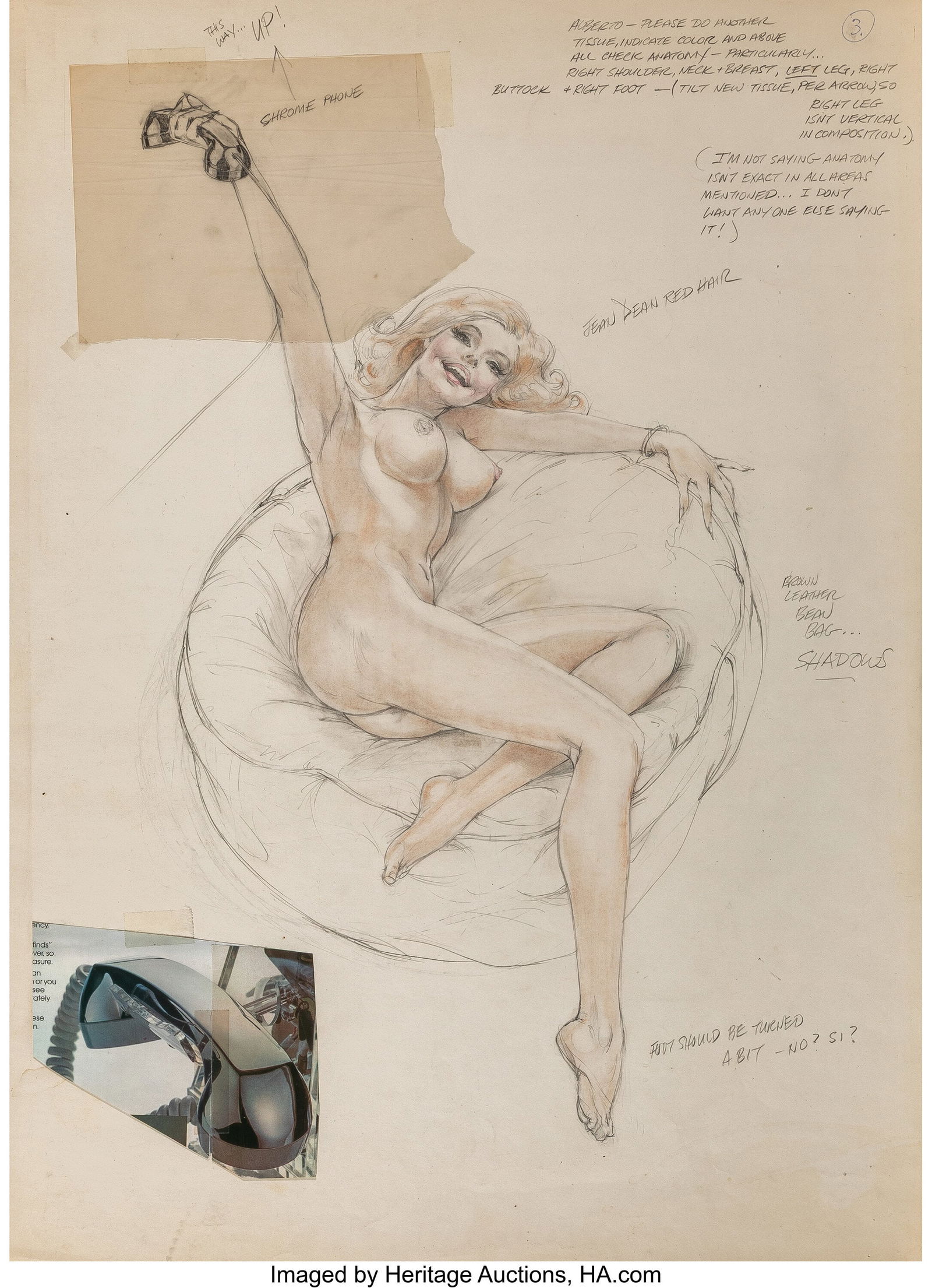 Alberto Vargas (Peruvian/American, 1896-1982) Nu: Alberto Vargas (Peruvian/American, 1896-1982) Nude with Phone, Playboy study Pencil and watercolor on tracing paper with collage 27-1/2 x 20 inches (69.8 x 50