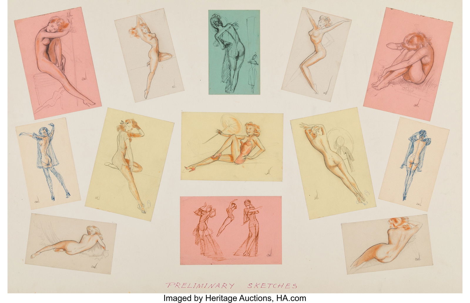 Alberto Vargas (Peruvian/American, 1896-1982) Mo: Alberto Vargas (Peruvian/American, 1896-1982) Model sketches Mixed media on paper of varying color types laid on board 20 x 30 inches (50.8 x 76.2 cm) Twelv