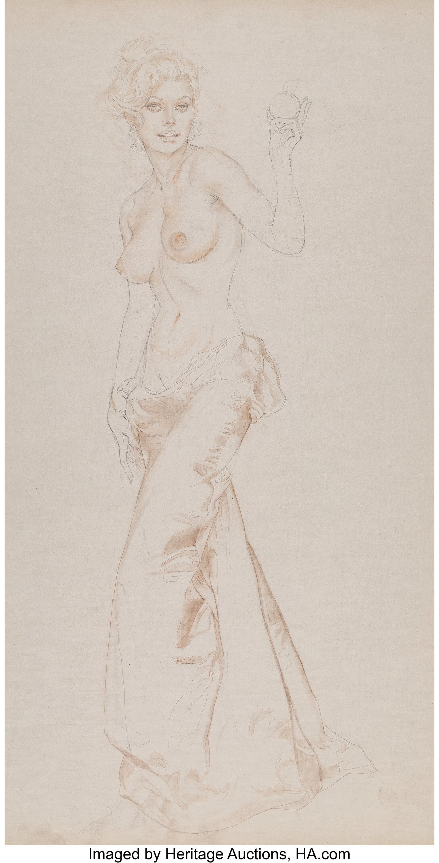 Alberto Vargas (Peruvian/American, 1896-1982) Nu: Alberto Vargas (Peruvian/American, 1896-1982) Nude with Apple study Pencil and watercolor on board 30-1/8 x 20 inches (76.5 x 50.8 cm) Not signed The Va