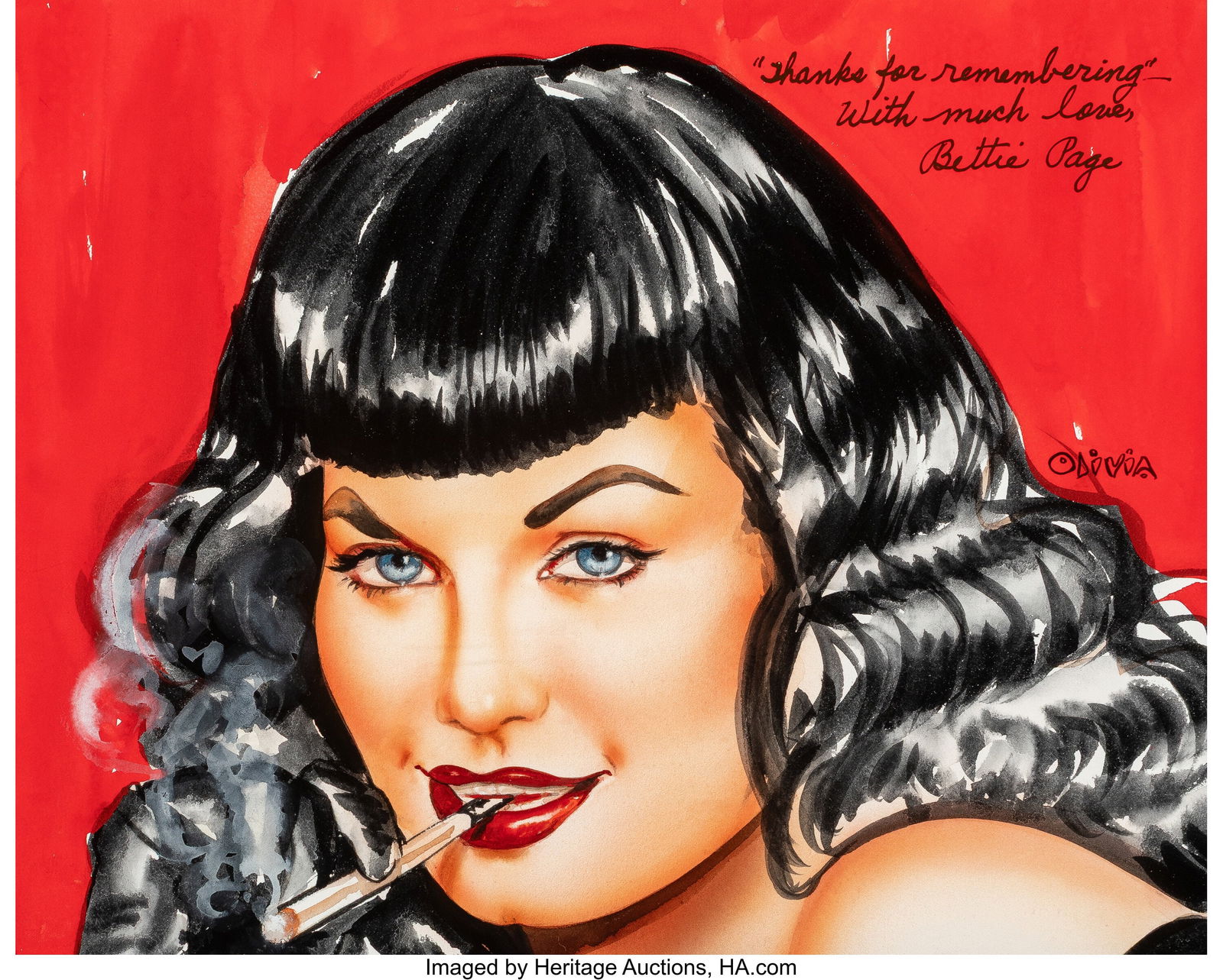 Olivia De Berardinis (American, b. 1948) Smoking: Olivia De Berardinis (American, b. 1948) Smoking Bettie, Bettie Page Watercolor on board 8-3/4 x 10-3/4 inches (22.2 x 27.3 cm) (sight