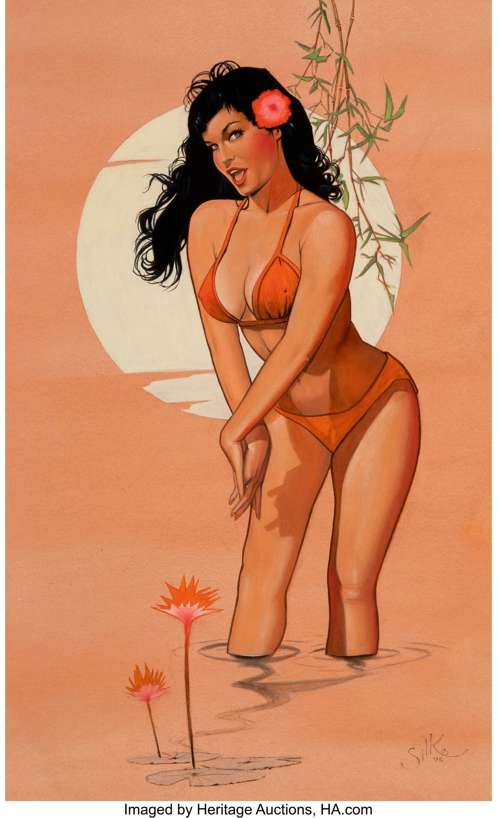 Jim Silke (American, 1931-2025) Bettie Page, 201: Jim Silke (American, 1931-2025) Bettie Page, 2016 Watercolor on paper 21 x 12-3/4 inches (53.3 x 32.4 cm) (sheet) Signed and dated lower rig
