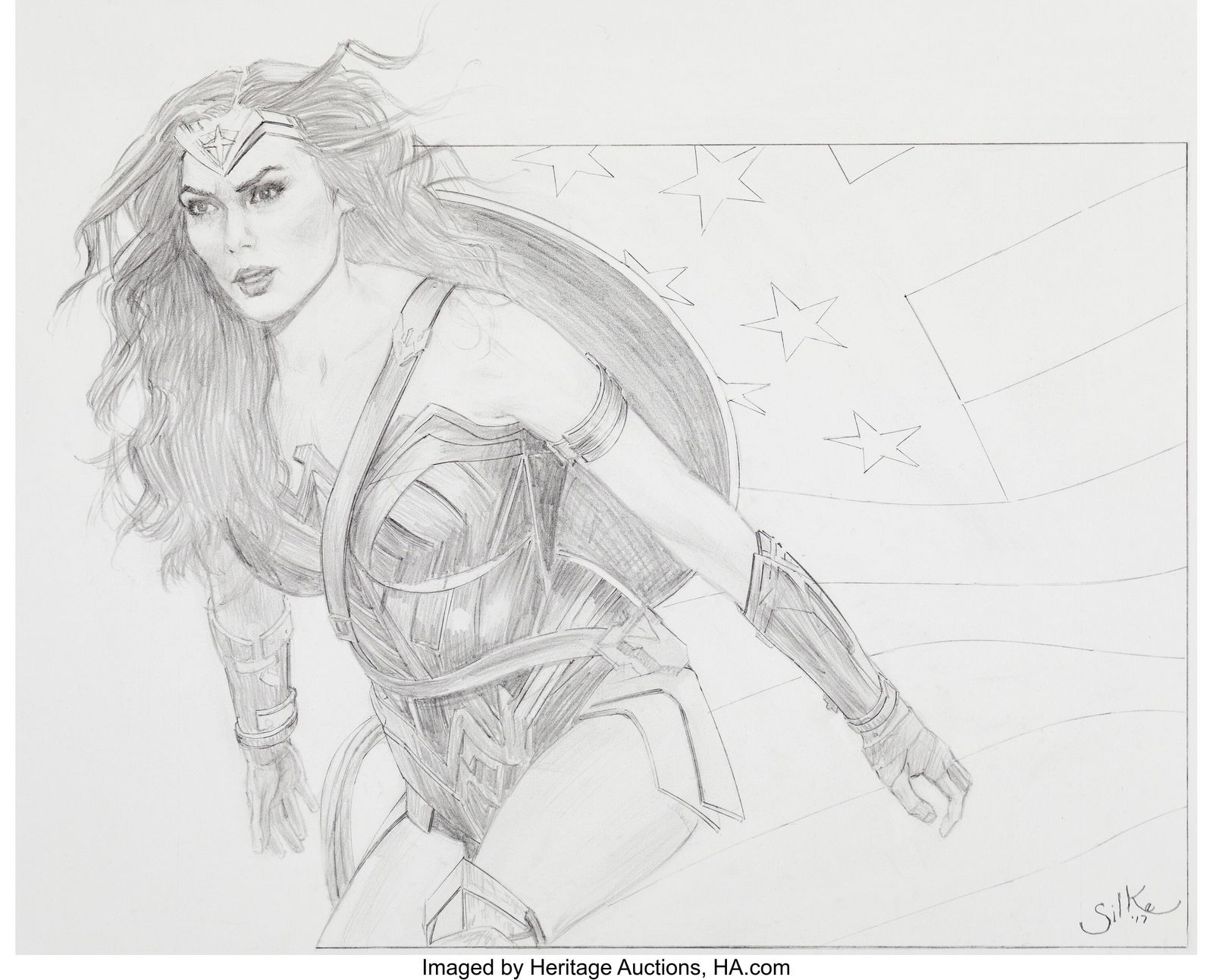 Jim Silke (American, 1931-2025) Gal Gadot, Wonde: Jim Silke (American, 1931-2025) Gal Gadot, Wonder Woman, 2017 Pencil on paper 12 x 14-7/8 inches (30.5 x 37.8 cm) (sheet) Signed and d