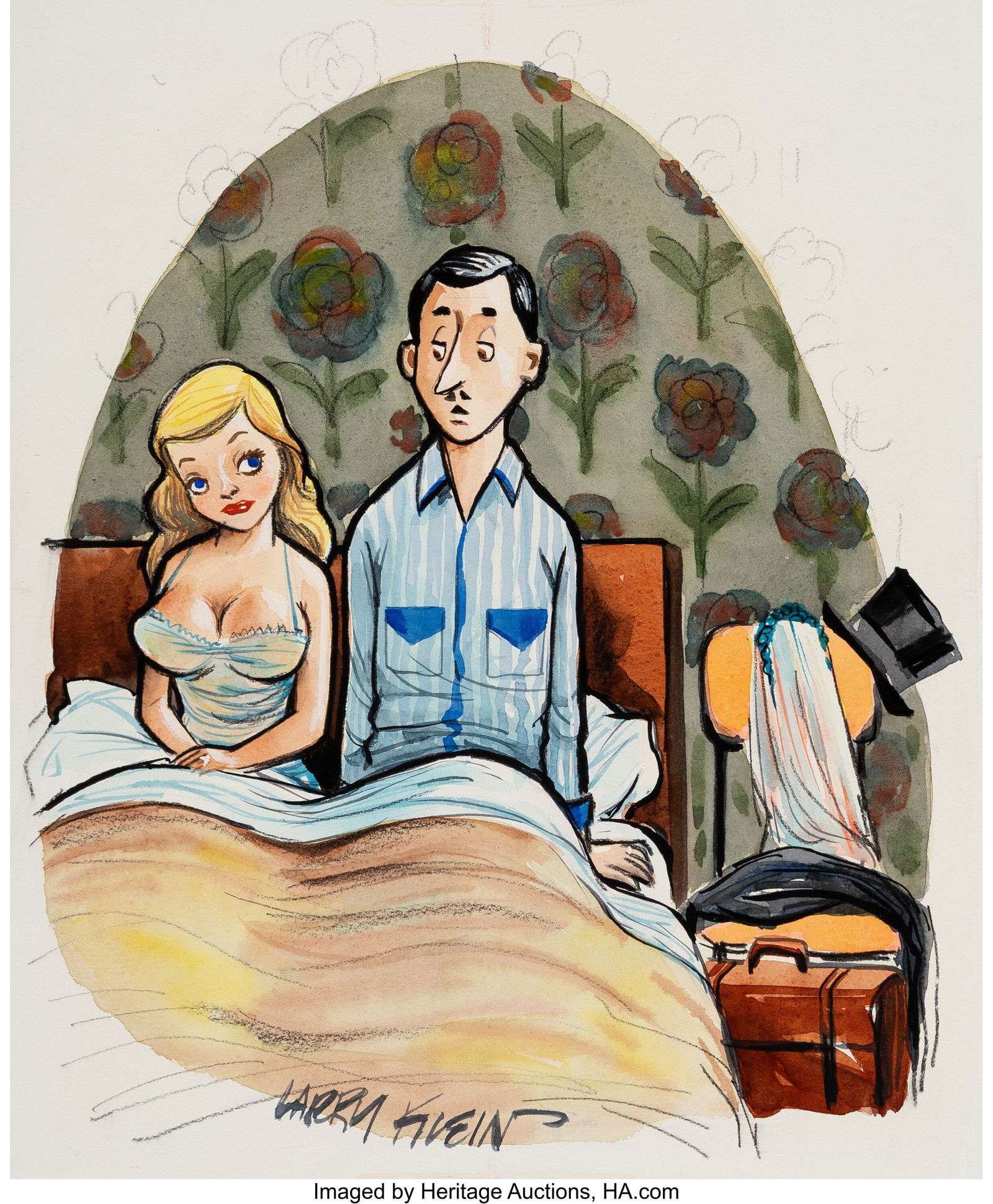 Larry Klein (American, 20th Century) Now Am I Su: Larry Klein (American, 20th Century) Now Am I Supposed to Be the Bird and You the Bee..., Playboy cartoon, December 1954 Watercolor and ink on board 14