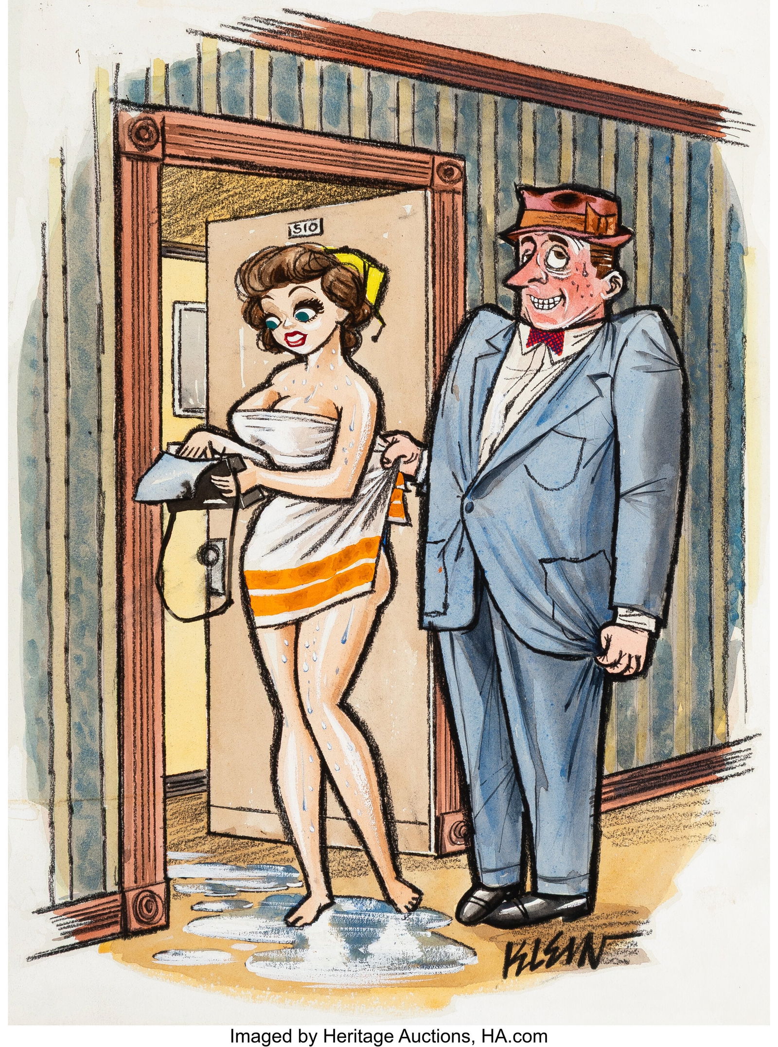 Larry Klein (American, 20th Century) I'm Sure I': Larry Klein (American, 20th Century) I'm Sure I've Got That Rent Money..., Playboy cartoon, February 1956 Watercolor and conte crayon on board 20-1&sol