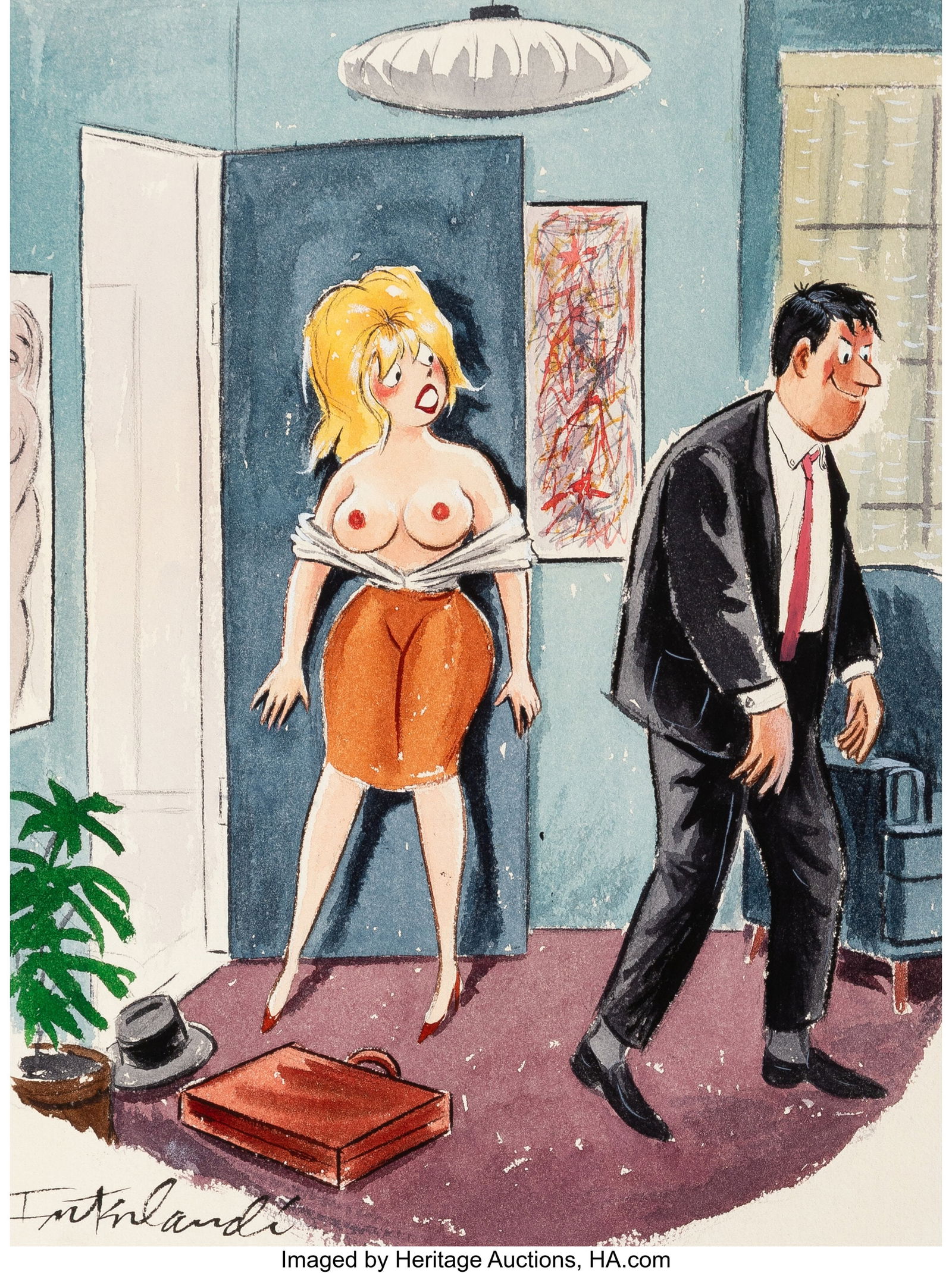 Phil Interlandi (American, 1924-2002) Why Can't: Phil Interlandi (American, 1924-2002) Why Can't You Just Give Me a Peck..., Playboy cartoon, September 1965 Watercolor and ink on paper laid on board 1