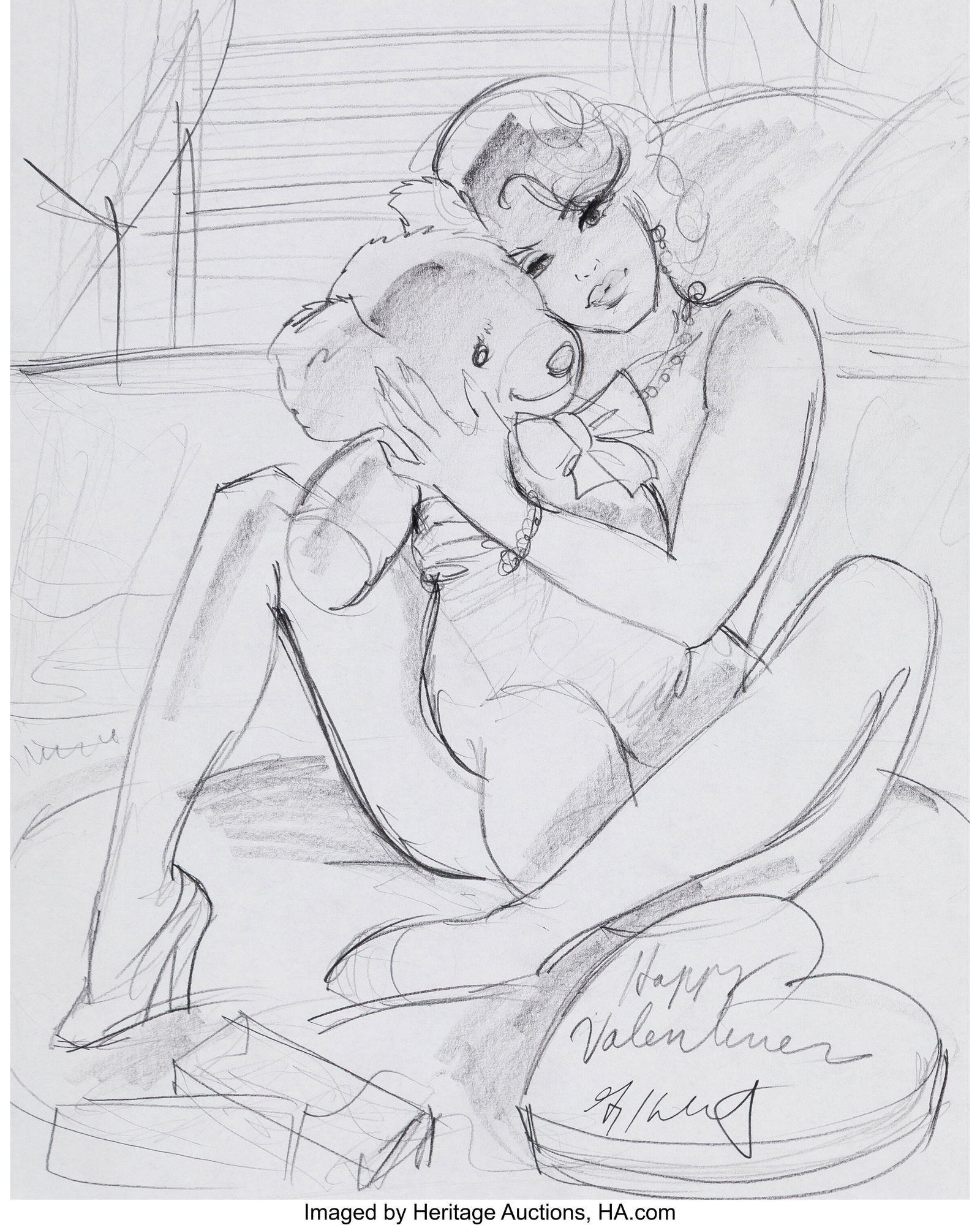 Greg Hildebrandt (American, 1939-2024) Happy Val: Greg Hildebrandt (American, 1939-2024) Happy Valentines study Pencil on paper 17 x 1 inches (43.2 x 2.5 cm) (sheet) Signed lower right: G Hildeb