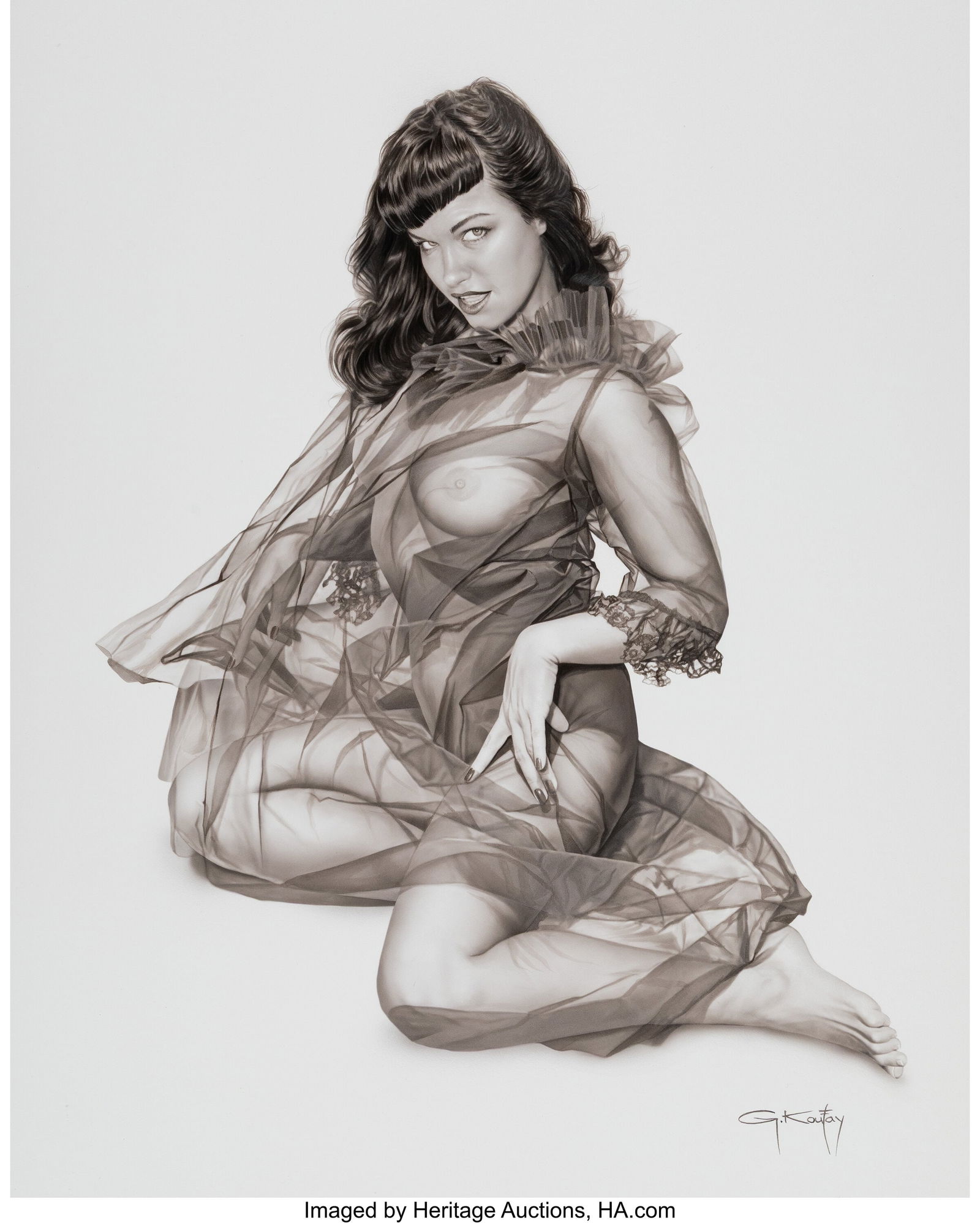 Gennadiy Koufay (Russian, b. 1961) Bettie Page A: Gennadiy Koufay (Russian, b. 1961) Bettie Page Acrylic and airbrush on board 24 x 18 inches (61.0 x 45.7 cm) Signed lower right: G. Koufay H