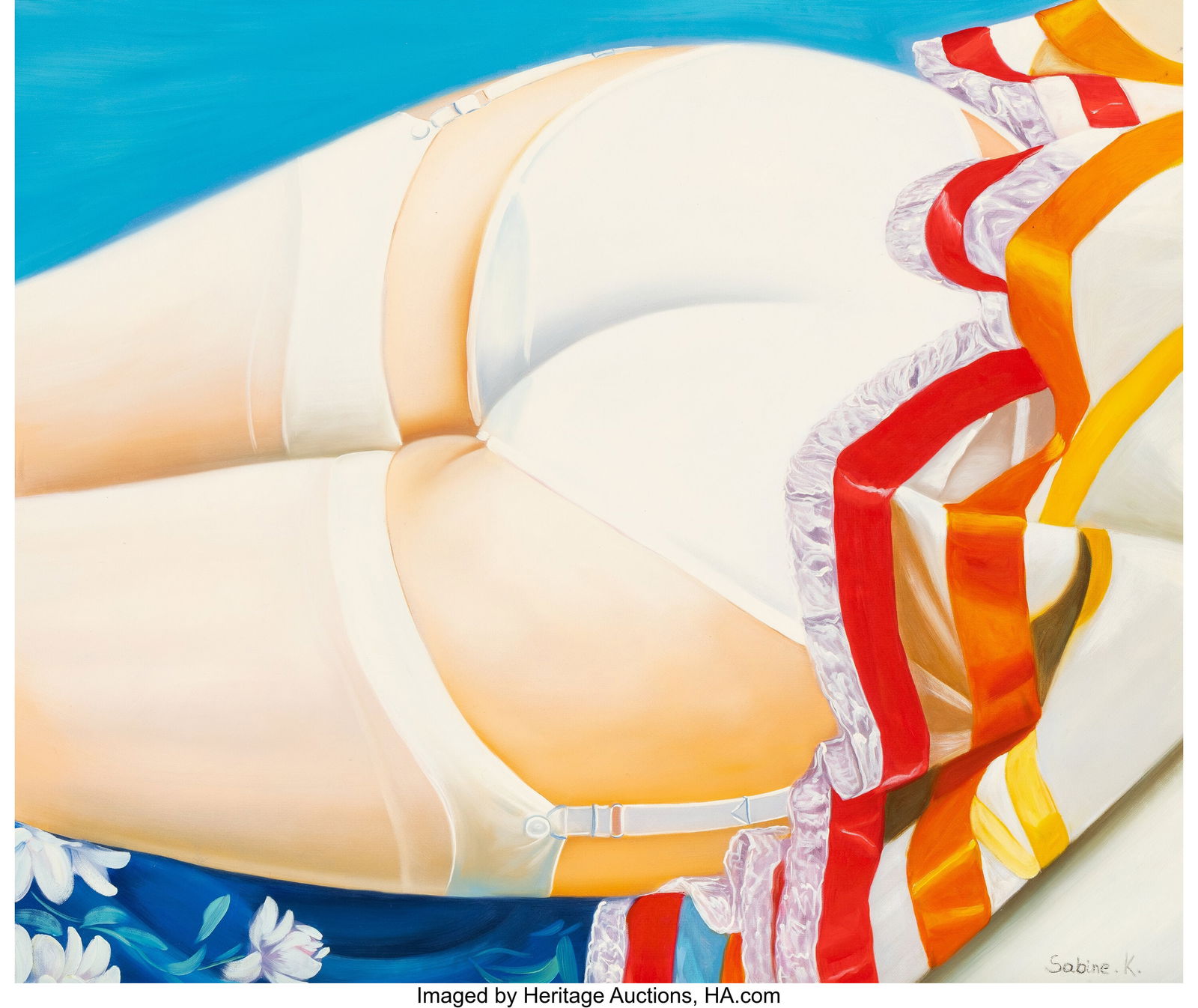 Sabine Kassik (Austrian, 20th Century) White Gar: Sabine Kassik (Austrian, 20th Century) White Garter and Stockings Oil on canvas 30 x 36 inches (76.2 x 91.4 cm) Signed lower right: S. Kassik HID03