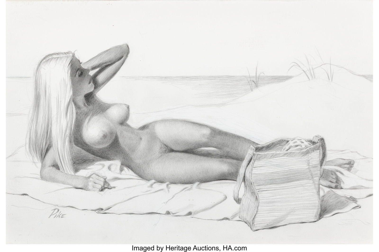 Jay Scott Pike (American, 1924-2015) Tanning Pen: Jay Scott Pike (American, 1924-2015) Tanning Pencil on paper 10-1/2 x 16-3/4 inches (26.7 x 42.5 cm) (sight) Signed lower left: PIKE Fro