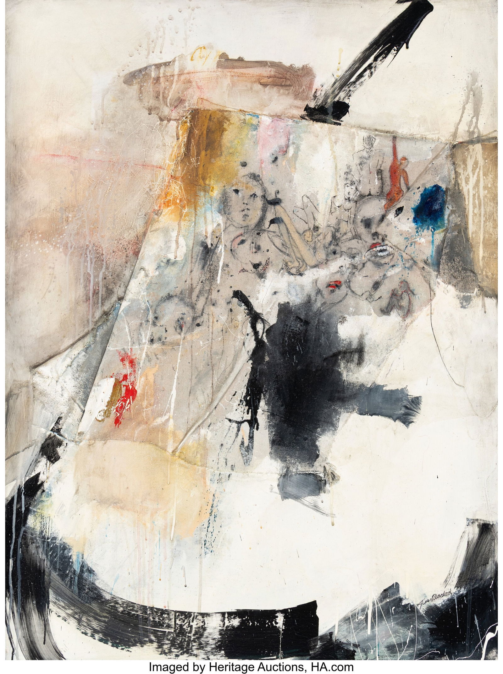 Jess Black (20th Century) Untitled Acrylic, ink,: Jess Black (20th Century) Untitled Acrylic, ink, and mixed media on canvas 40 x 30 x 1-1/2 inches (101.6 x 76.2 x 3.8 cm) Signed lower right&co