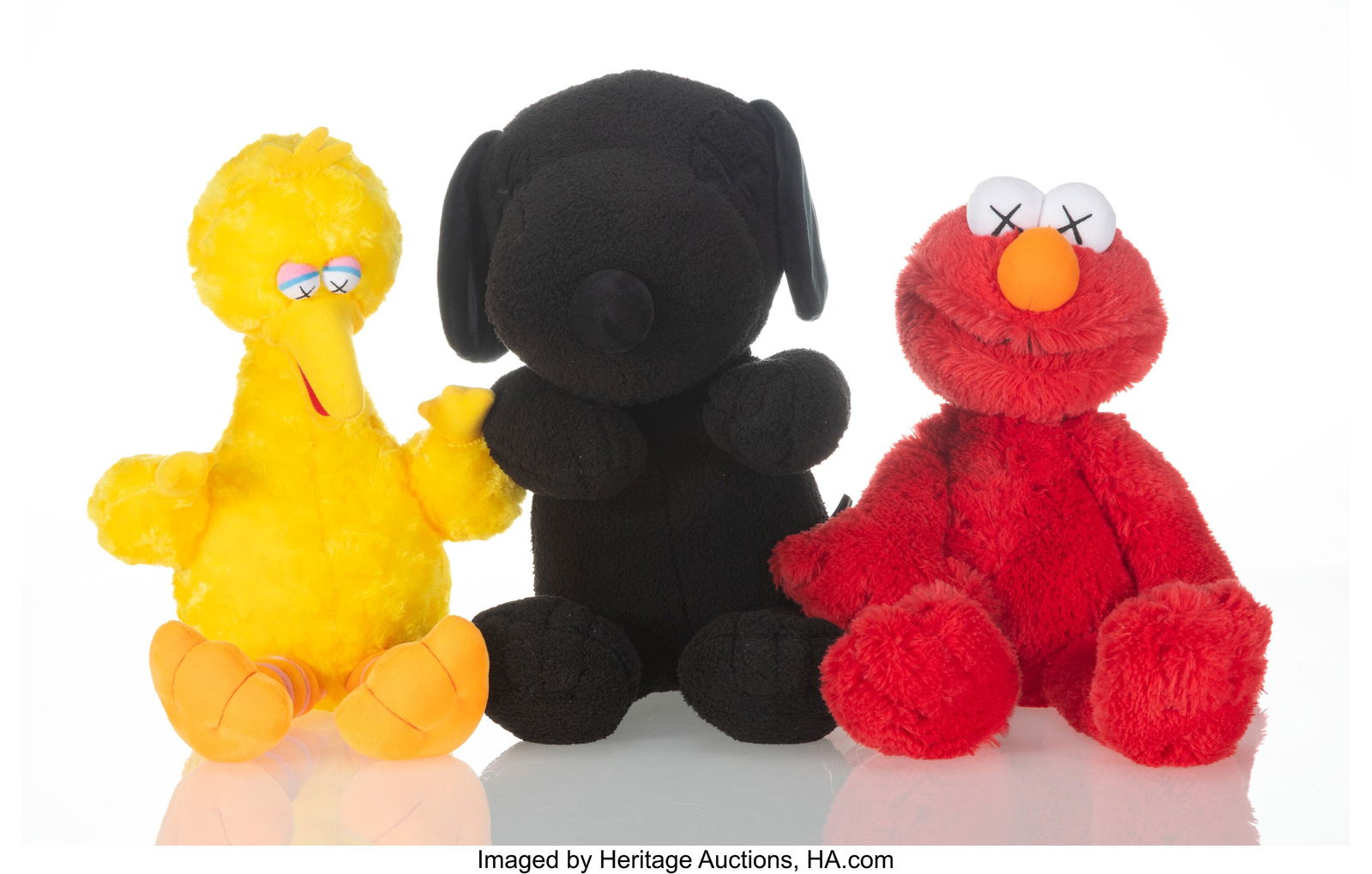 KAWS (b. 1974) Elmo; Big Bird; and Snoopy (Black: KAWS (b. 1974) Elmo; Big Bird; and Snoopy (Black) (three works), 2018 Polyester plush 22 x 12 x 10 inches (55.9 x 30.5 x 25&peri