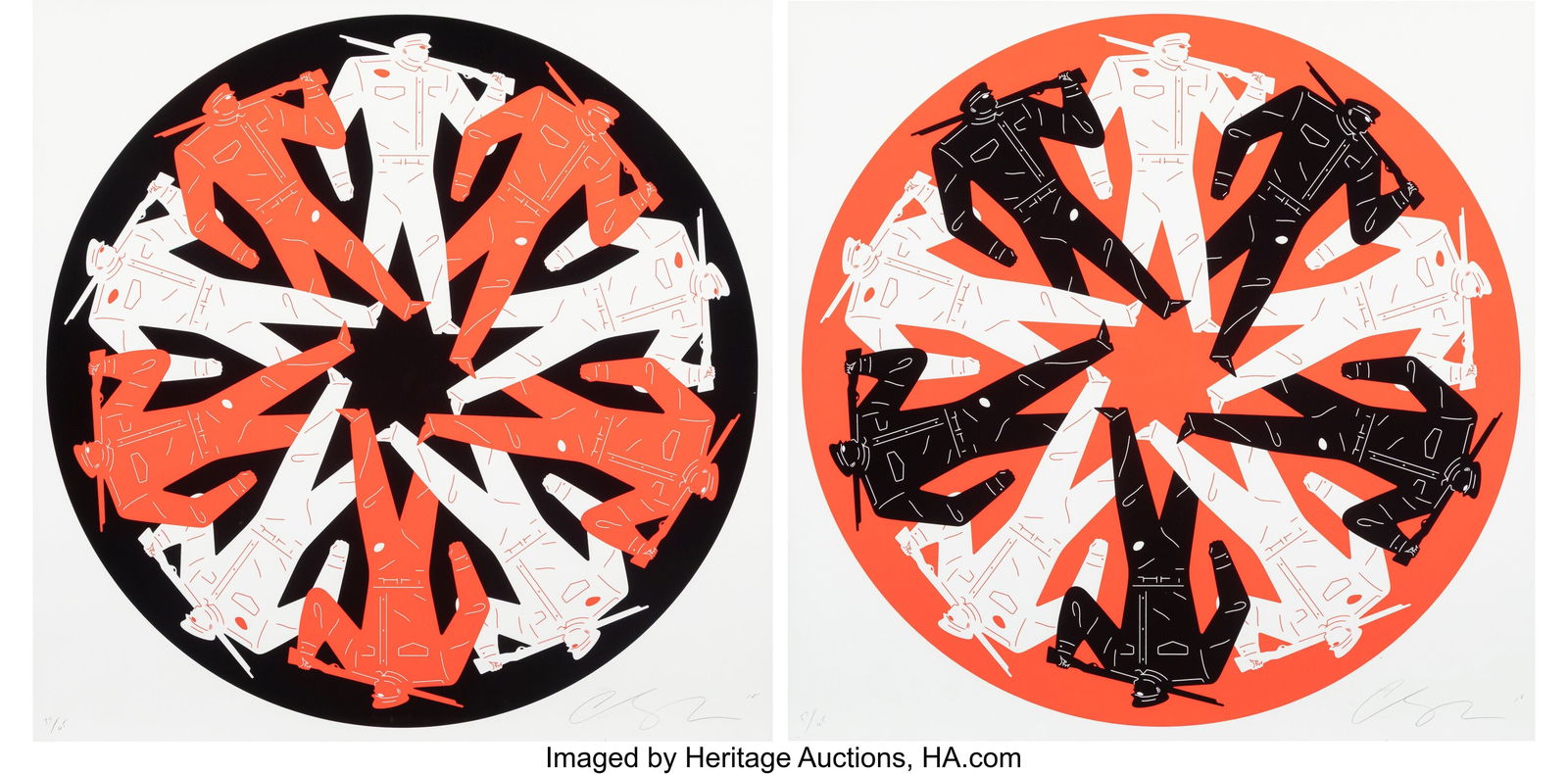 Cleon Peterson (b. 1973) Let's Start A War (Red,: Cleon Peterson (b. 1973) Let's Start A War (Red, Black) (two works), 2018 Screenprints in colors on Coventry Rag paper 28 x 28 inches