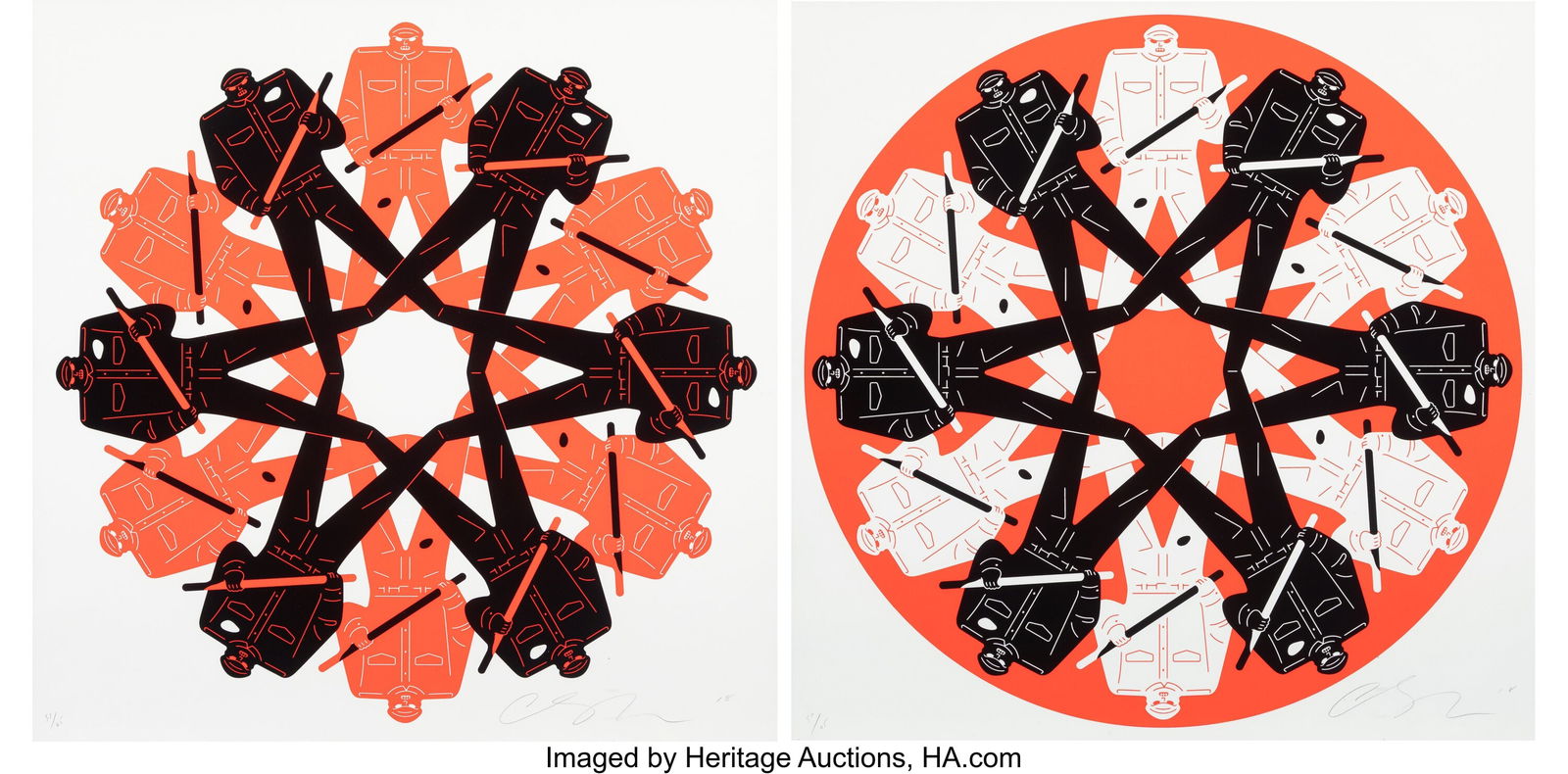 Cleon Peterson (b. 1973) Rule Of Law (Red, White: Cleon Peterson (b. 1973) Rule Of Law (Red, White) (two works), 2018 Screenprints in colors on Coventry Rag paper 28 x 28 inches (71.1 x