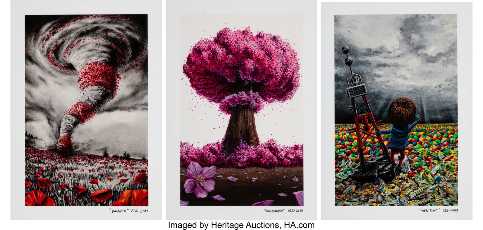Pez (20th Century) View Point; Danger; Hiroshima: Pez (20th Century) View Point; Danger; Hiroshima (three works), 2019-2021 Giclée prints in colors on Somerset paper 11-3/8 x 7-7/8 inches