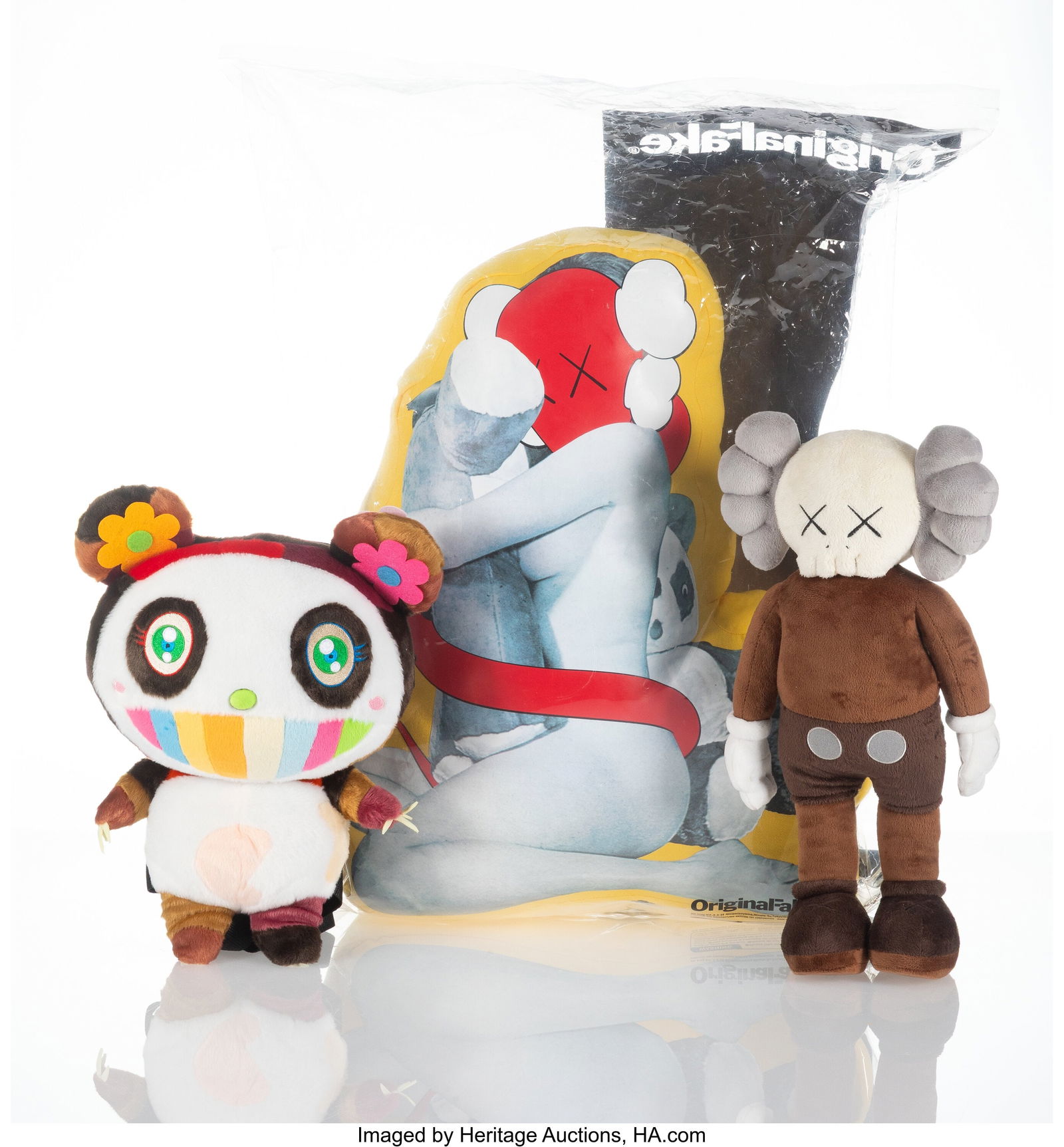 Various Artists Murakami Panda Plush Backpack; K: Various Artists Murakami Panda Plush Backpack; KAWS X Lane Crawford Companion Plush; KAWS X OriginalFake Plush (three works), circa 2015 Polyester plush 24 x 18 inches (