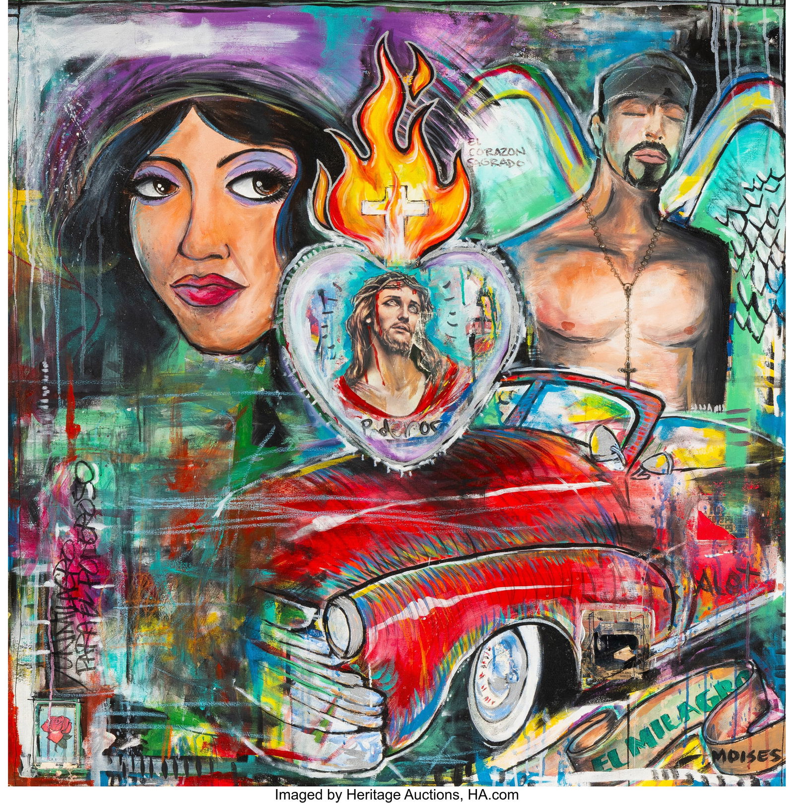 Moises "El Moises" Martinez Salcedo (20th Centur: Moises "El Moises" Martinez Salcedo (20th Century) Untitled (Corazon Sagrado) Mixed media with collage and rosary on canvas 44-1/2 x 44-1/2 inches (113.0 x 113&