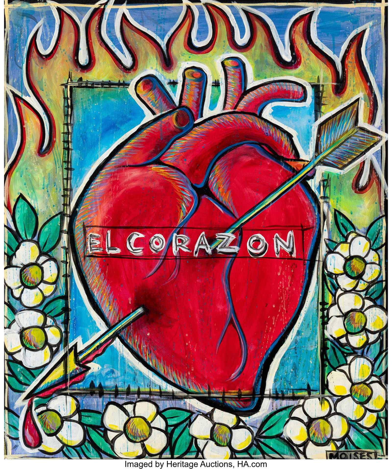 Moises "El Moises" Martinez Salcedo (20th Centur: Moises "El Moises" Martinez Salcedo (20th Century) El Corazon Acrylic and glitter on canvas 36 x 30 inches (91.4 x 76.2 cm) Signed lower right: Moises The Judso