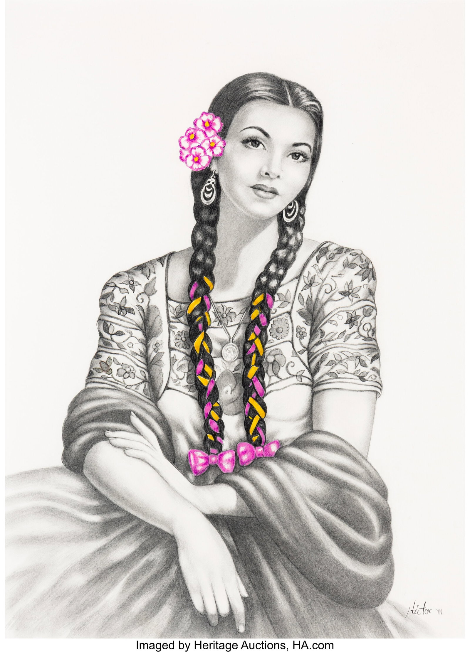 Hector Silva (b. 1955) Braided Beauty, 2011 Penc: Hector Silva (b. 1955) Braided Beauty, 2011 Pencil and watercolor on paper 25-1/2 x 18-1/2 inches (64.8 x 47.0 cm) (sight) Signed and d