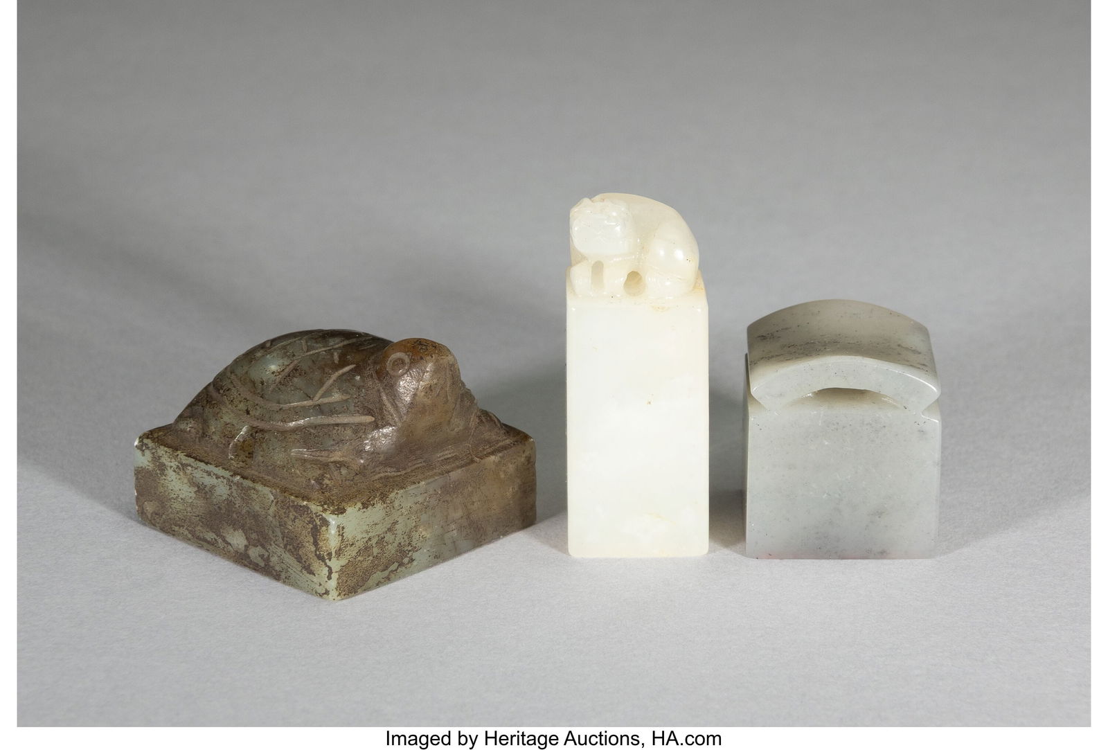 A Group of Three Jade Seals 1-5/8 x 0-5/8 x 0-1/: A Group of Three Jade Seals 1-5/8 x 0-5/8 x 0-1/2 inches (4.1 x 1.6 x 1.3 cm) (tallest) HID03101062020 © 2026 Heritage Auctions | All Rig