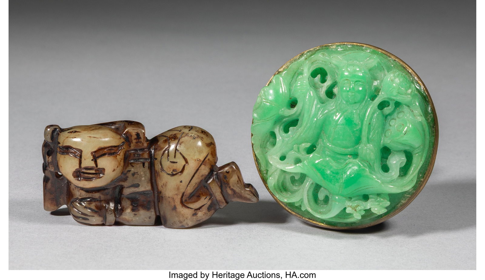 Two Chinese Jade & Jadeite Figural Carvings 2-1/: Two Chinese Jade & Jadeite Figural Carvings 2-1/4 x 2-1/4 x 1-1/4 inches (5.7 x 5.7 x 3.2 cm) (largest) Property from the collection of a Bay a