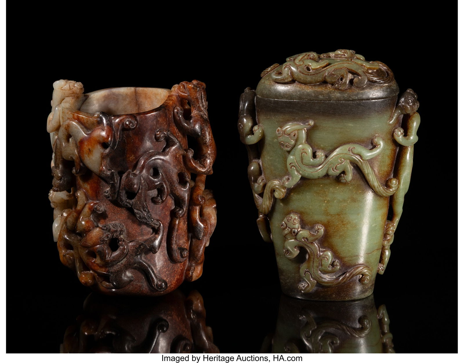 Two Chinese Carved Celadon & Russet Jade Vases w (1 of 3)