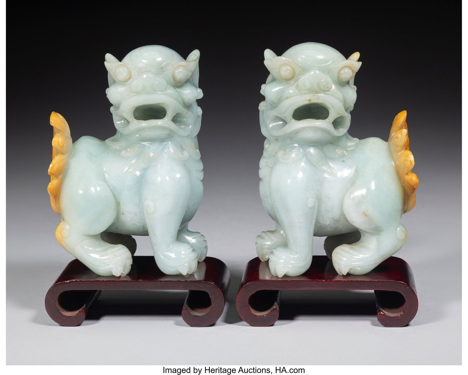 A Pair of Chinese Carved Jadeite Fu Dogs, 20th c (1 of 3)