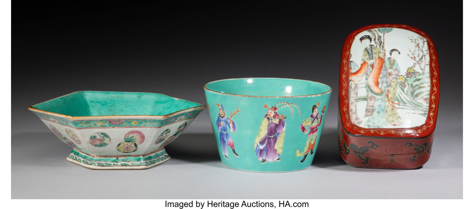 Three Chinese Famille Rose Table Articles, 19th/: Three Chinese Famille Rose Table Articles, 19th/20th century Marks to two: (six-character mark) 4 x 6-1/2 x 6-1/2 inches (10.2 x 16.5 x 16.5