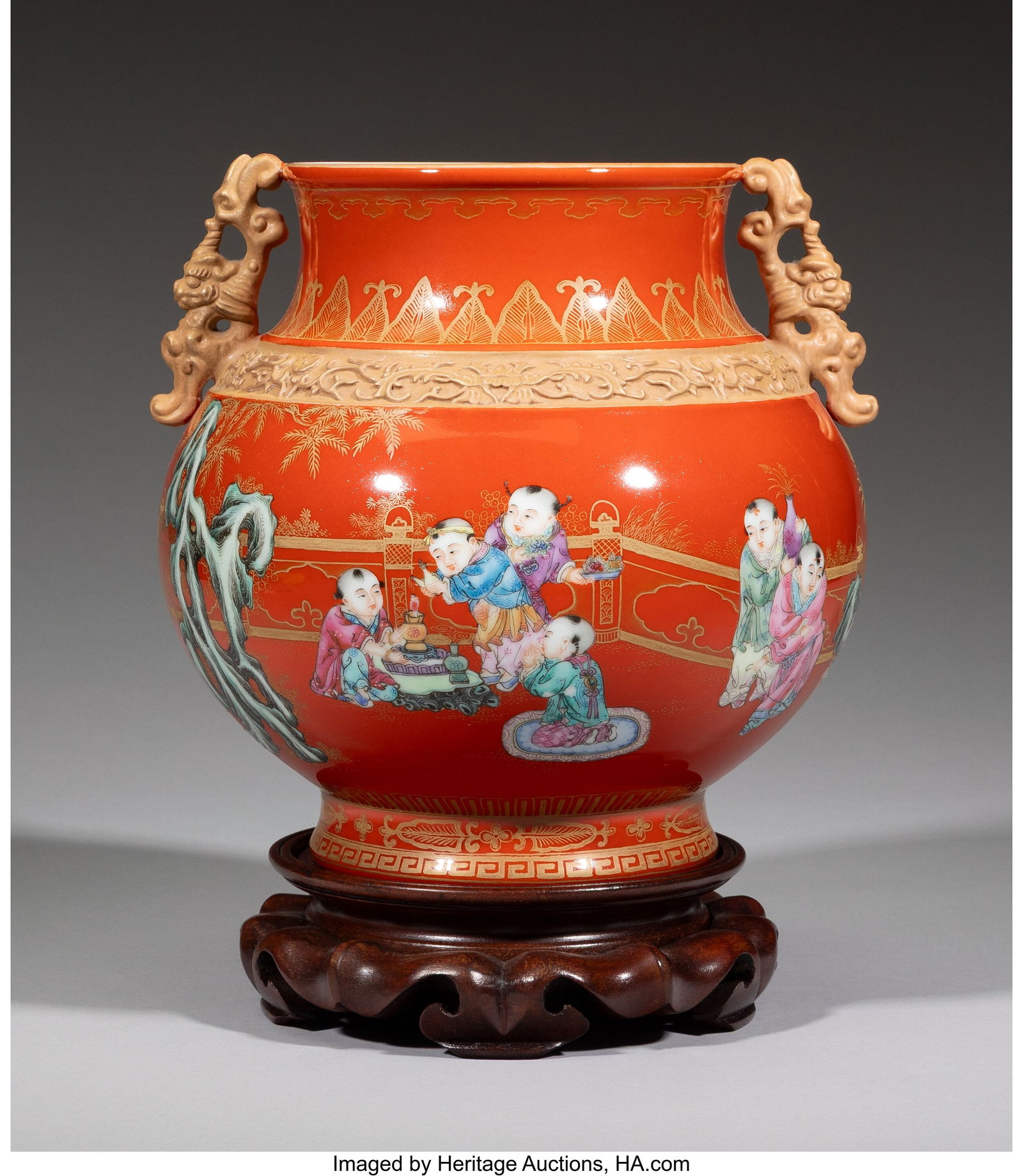 A Chinese Coral Red-Ground Famille Rose Two-Hand (1 of 5)