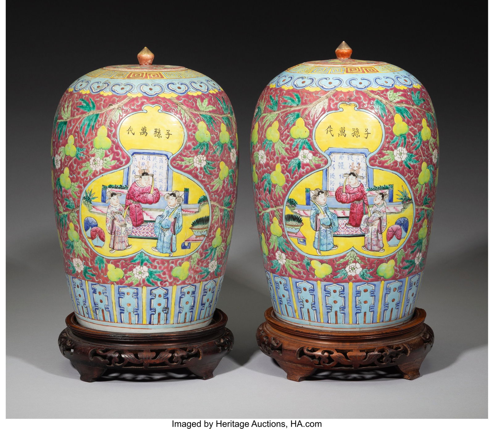 A Pair of Chinese Ruby-Ground Famille Rose Cover: A Pair of Chinese Ruby-Ground Famille Rose Covered Jars, Republic period Marks: CHINA 13 x 7-5/8 x 7-5/8 inches (33.0 x 19.4 x 19.4 cm) (each&co