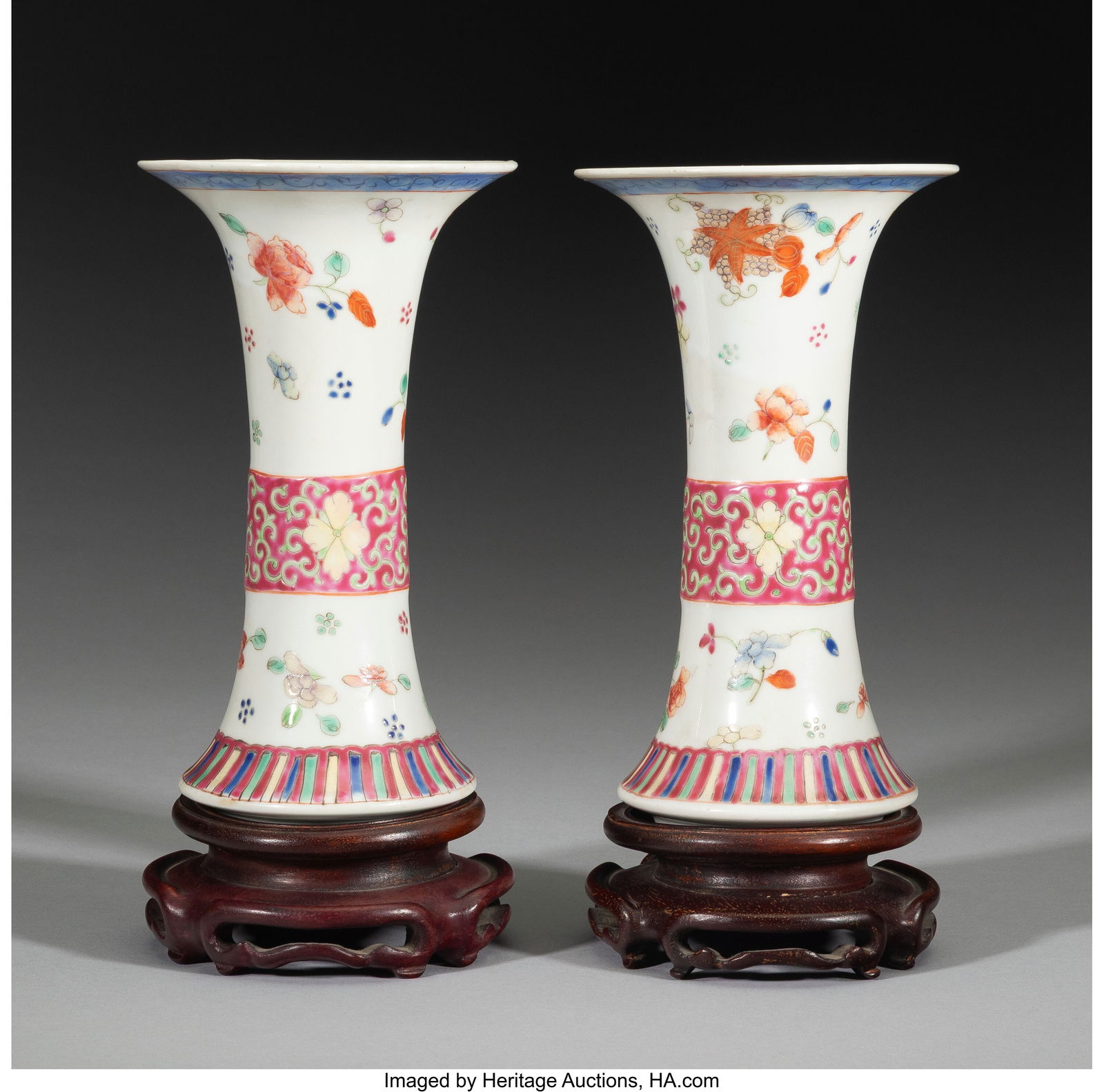A Pair of Chinese Famille Rose Gu Vases, late Qi: A Pair of Chinese Famille Rose Gu Vases, late Qing dynasty Marks: four-character mark, CHINA 8 x 4-1/2 x 4-1/2 inches (20.3 x 11.4 x 11.4 cm) &