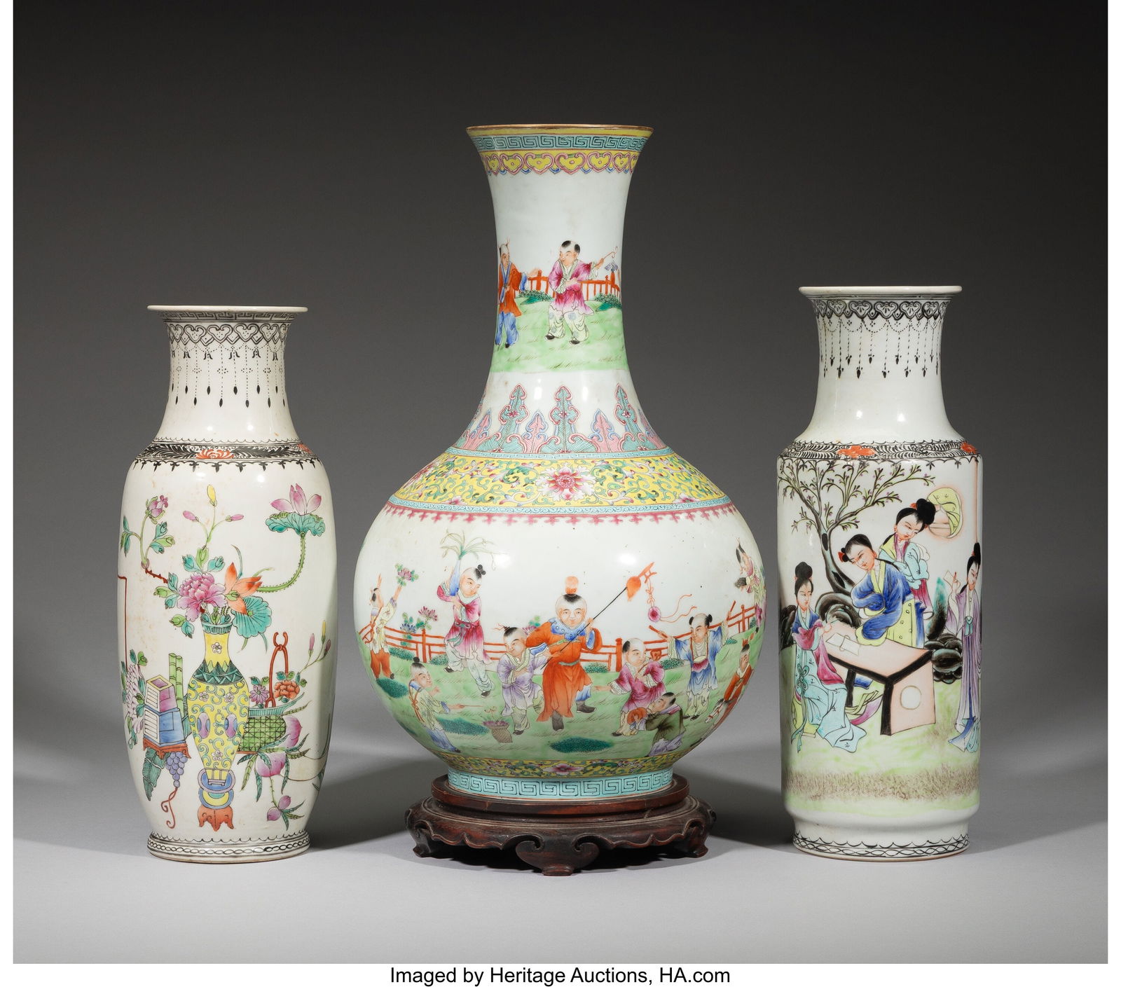Three Chinese Famille Rose Vases, 20th century M: Three Chinese Famille Rose Vases, 20th century Marks: (four-character mark) 17-1/2 x 9 x 9 inches (44.5 x 22.9 x 22.9 cm) (largest) P