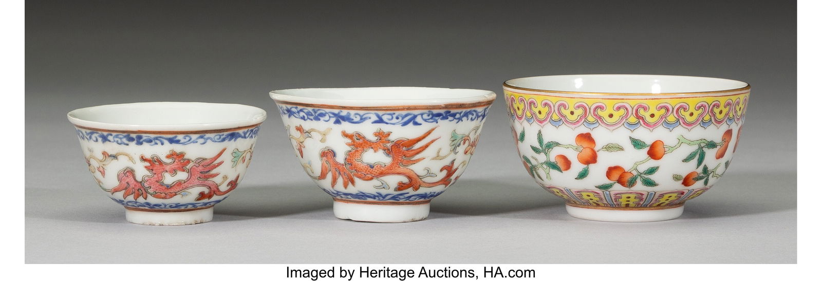 Three Chinese Famille Rose Cups, Guangxu period: Three Chinese Famille Rose Cups, Guangxu period Marks: (six-character Guangxu mark) 1-5/8 x 2-7/8 x 2-7/8 inches (4.1 x 7.3 x 7.3 cm) H