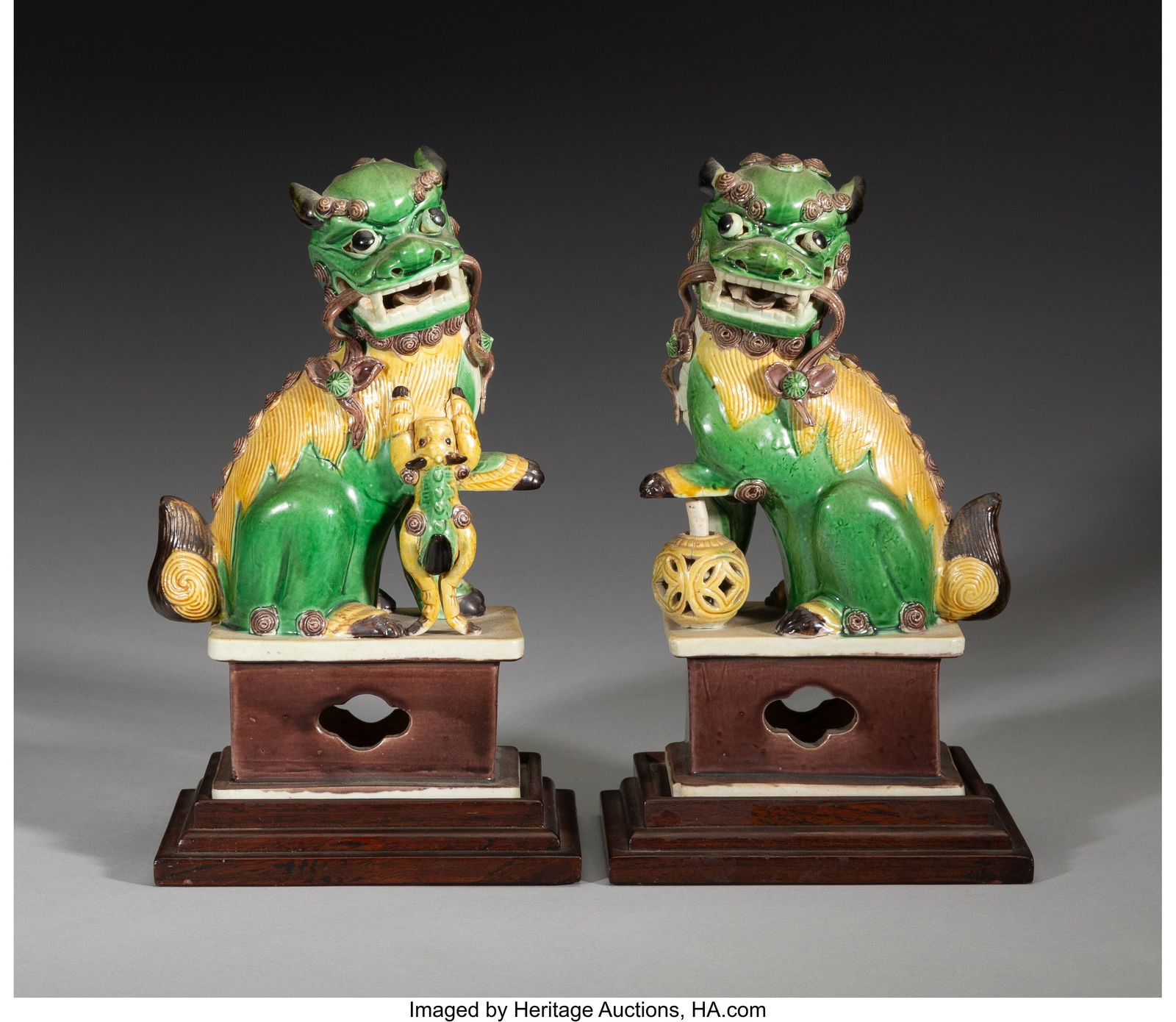 A Pair of Chinese Famille Verte Fu Dogs on Wood (1 of 3)