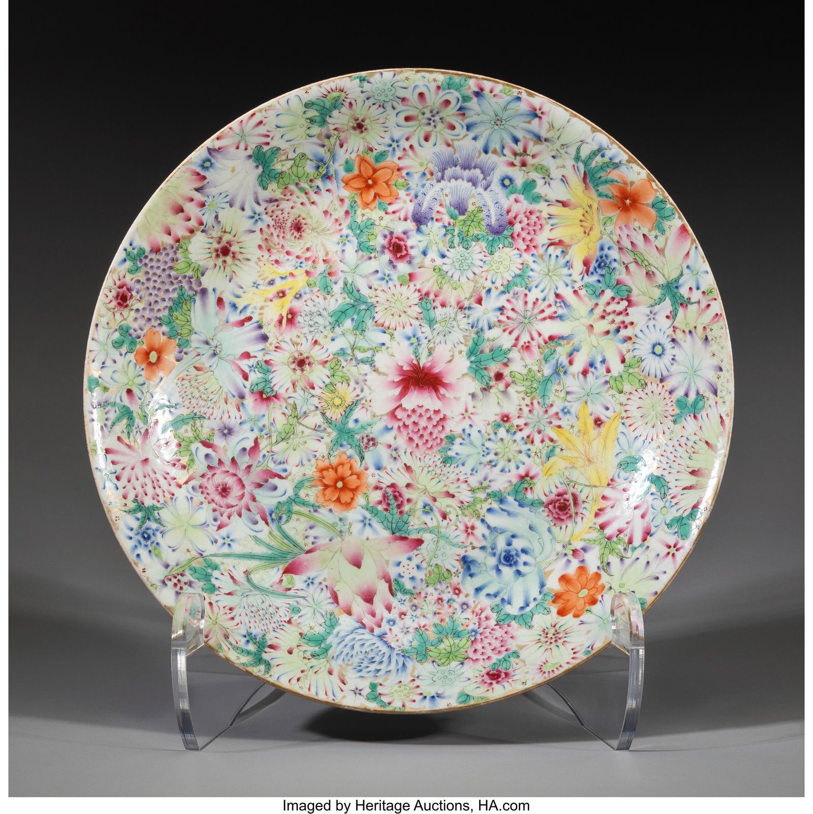 A Chinese Famille Rose Mille-Fleurs Plate, late: A Chinese Famille Rose Mille-Fleurs Plate, late Qing/Republic period Marks: (six-character mark) 2-3/4 x 15-3/4 x 15-3/4 inches (7.0 x 40.0 x 4