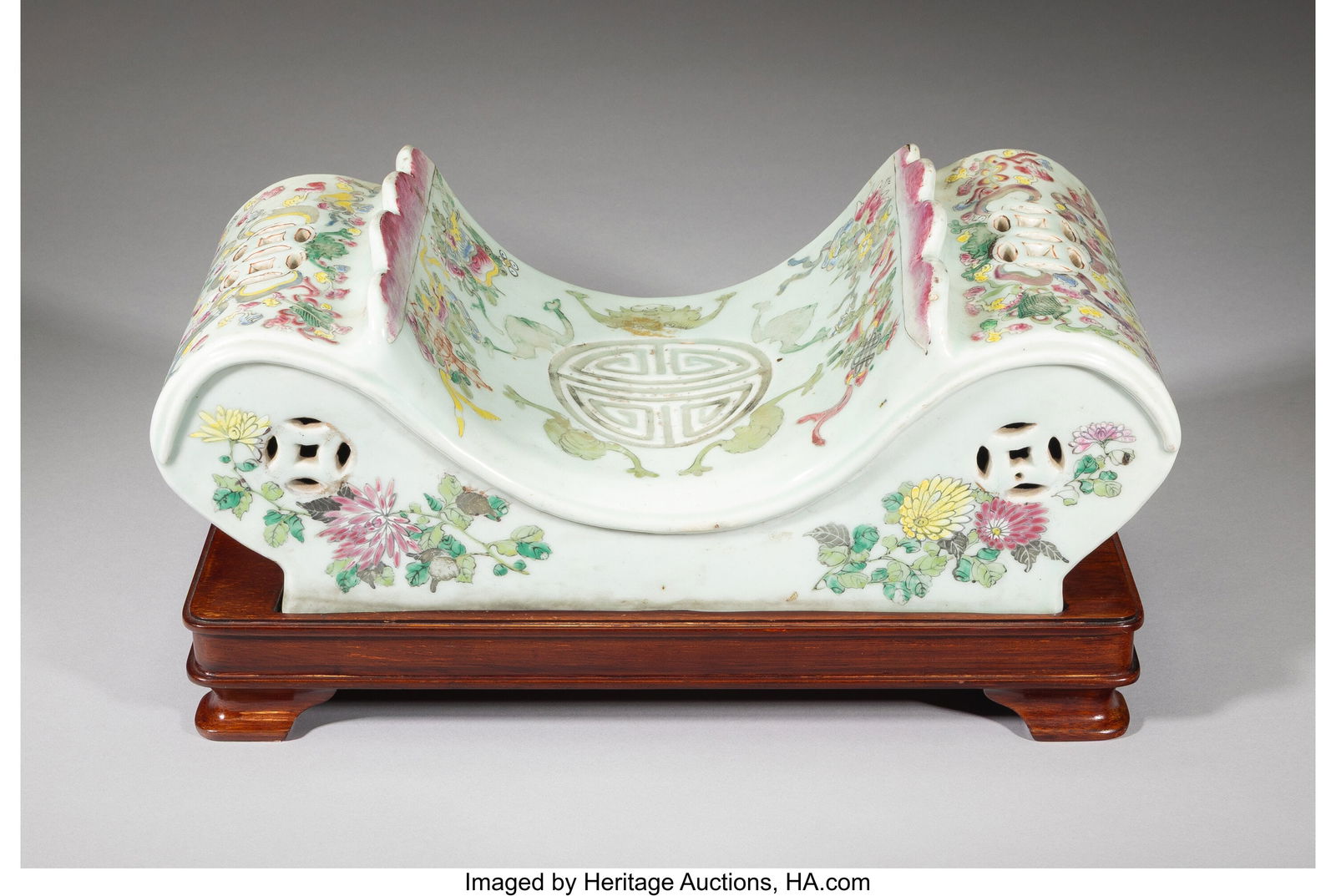 A Chinese Famille Rose Neck Rest with Wood Stand (1 of 4)