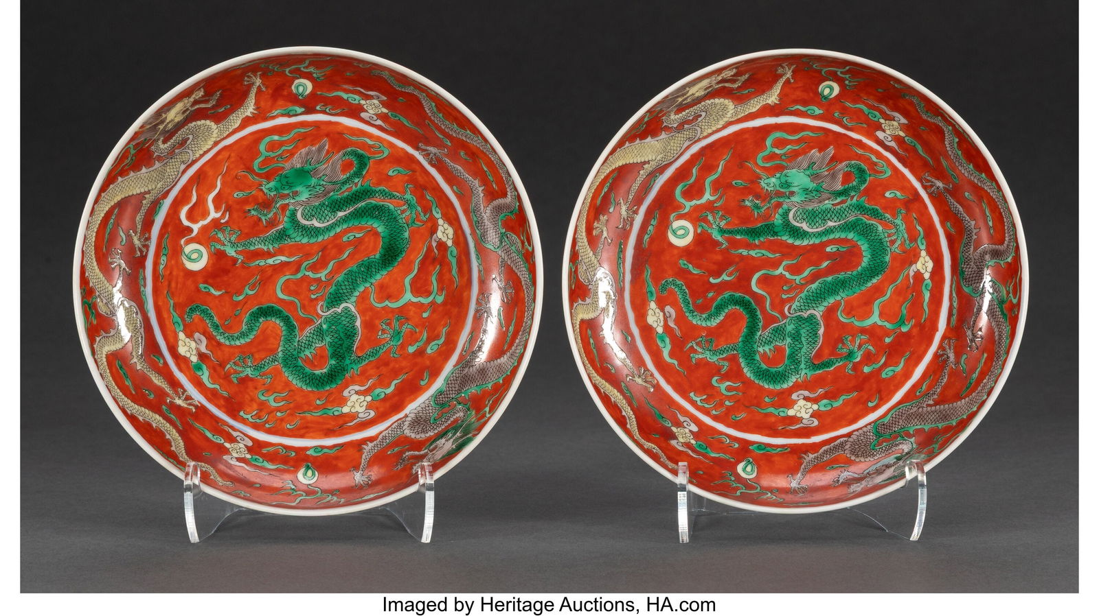 A Pair of Chinese Wucai on Iron-Red Ground 'Drag: A Pair of Chinese Wucai on Iron-Red Ground 'Dragon' Dishes, Kangxi mark Marks: (six-character mark) 1-1/4 x 6-3/8 x 6-3/8 inches (3.2 x 16.2 x 16&p