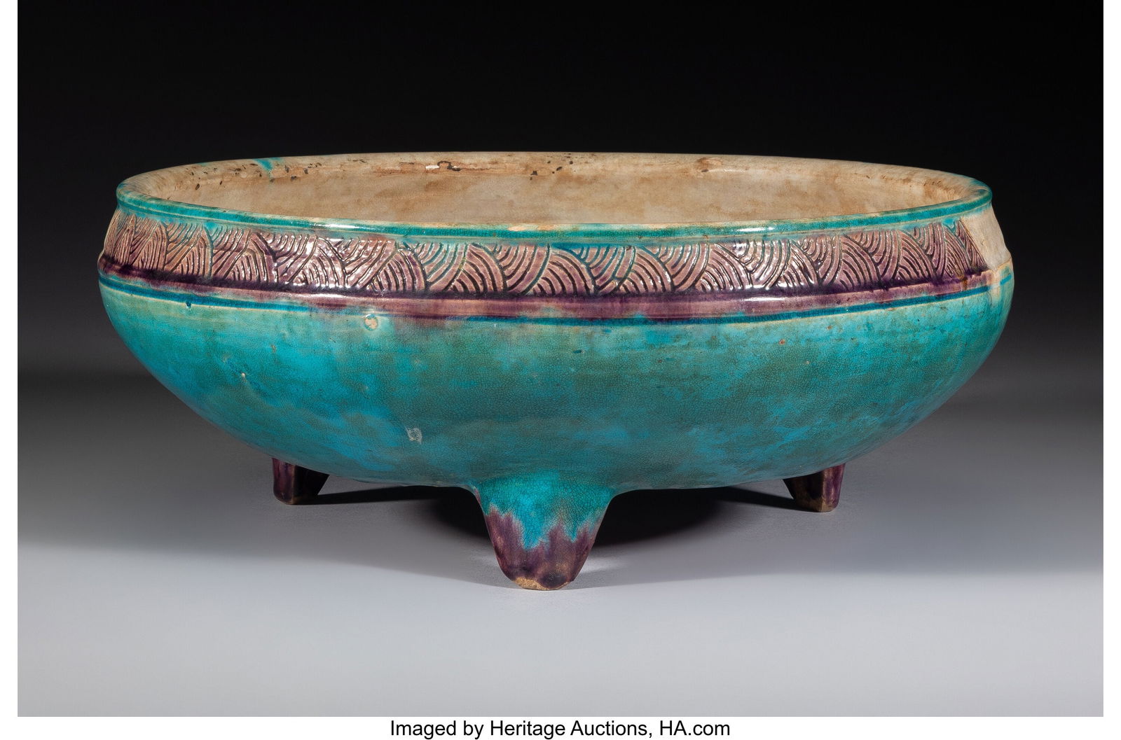 A Chinese Turquoise-Glazed Tripod Bowl 5 x 12-1/: A Chinese Turquoise-Glazed Tripod Bowl 5 x 12-1/4 x 12-1/4 inches (12.7 x 31.1 x 31.1 cm) Property from the collection of a Bay area gentleman and thence by