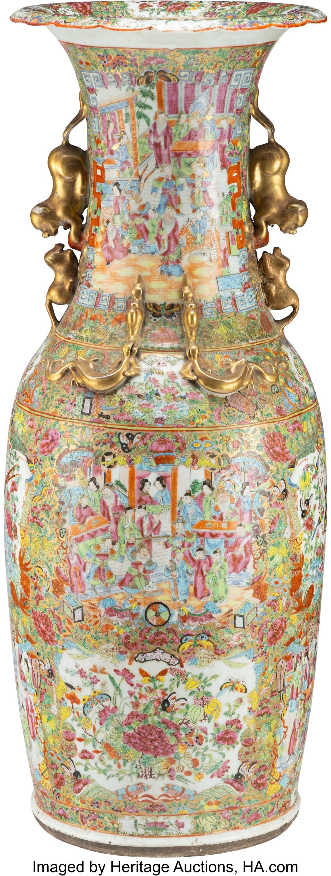 A Large Chinese Canton Rose Medallion Two-Handle: A Large Chinese Canton Rose Medallion Two-Handled Vase, 19th century 36-3/8 x 13 x 13 inches (92.4 x 33.0 x 33.0 cm) Property from the collection of a Bay