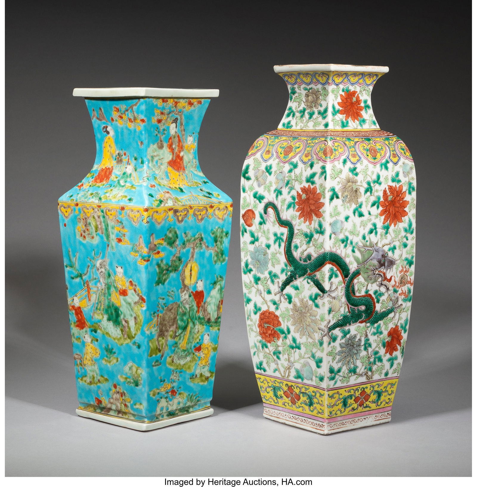 Two Chinese Enameled Square-Form Vases, 20th cen: Two Chinese Enameled Square-Form Vases, 20th century Marks: (six-character mark) 18-5/8 x 6-1/2 x 6-1/2 inches (47.3 x 16.5 x 16.5 cm)