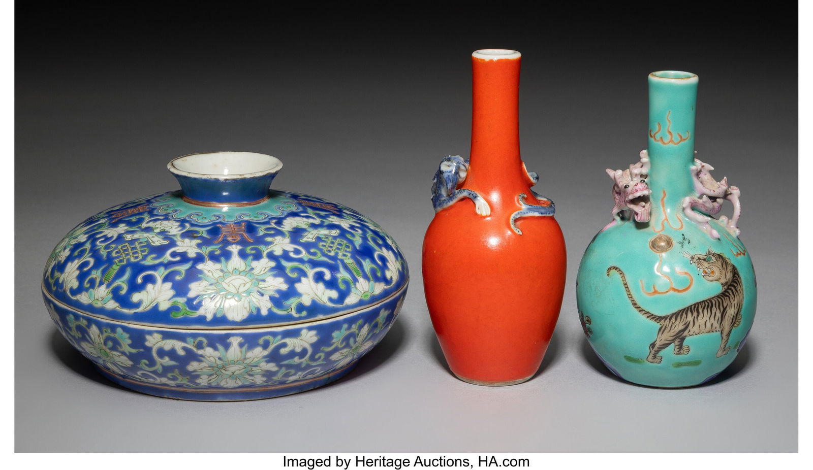 Three Chinese Enameled Vessels, 19th century Mar: Three Chinese Enameled Vessels, 19th century Marks: (various) 4-7/8 x 2 x 2 inches (12.4 x 5.1 x 5.1 cm) (tallest, orange