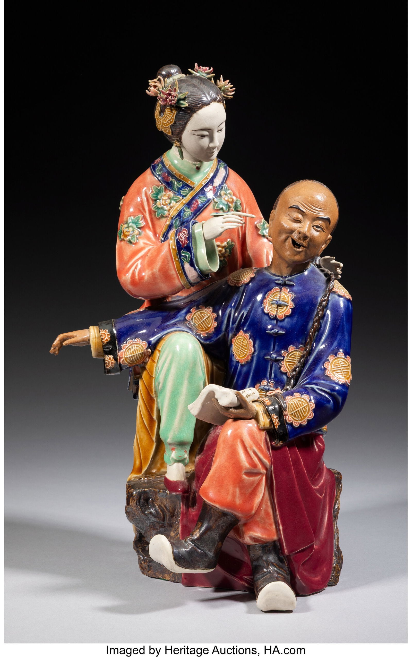 A Chinese Enameled Figural Group, 20th century M: A Chinese Enameled Figural Group, 20th century Marks: four-character wax seal 13-5/8 x 8-1/8 x 7-1/2 inches (34.6 x 20.6 x 19.1 cm) Property