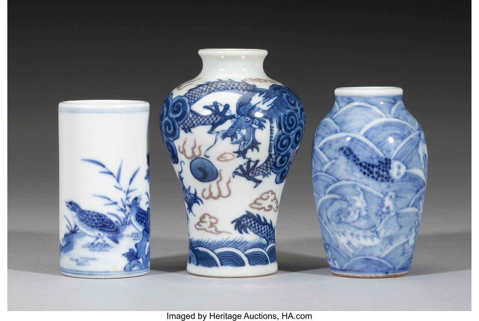 A Group of Three Blue and White Miniature Vases: A Group of Three Blue and White Miniature Vases Marks to tallest: (six-character mark) 3-5/8 x 2-1/2 inches (9.2 x 6.3 cm) (tallest) 