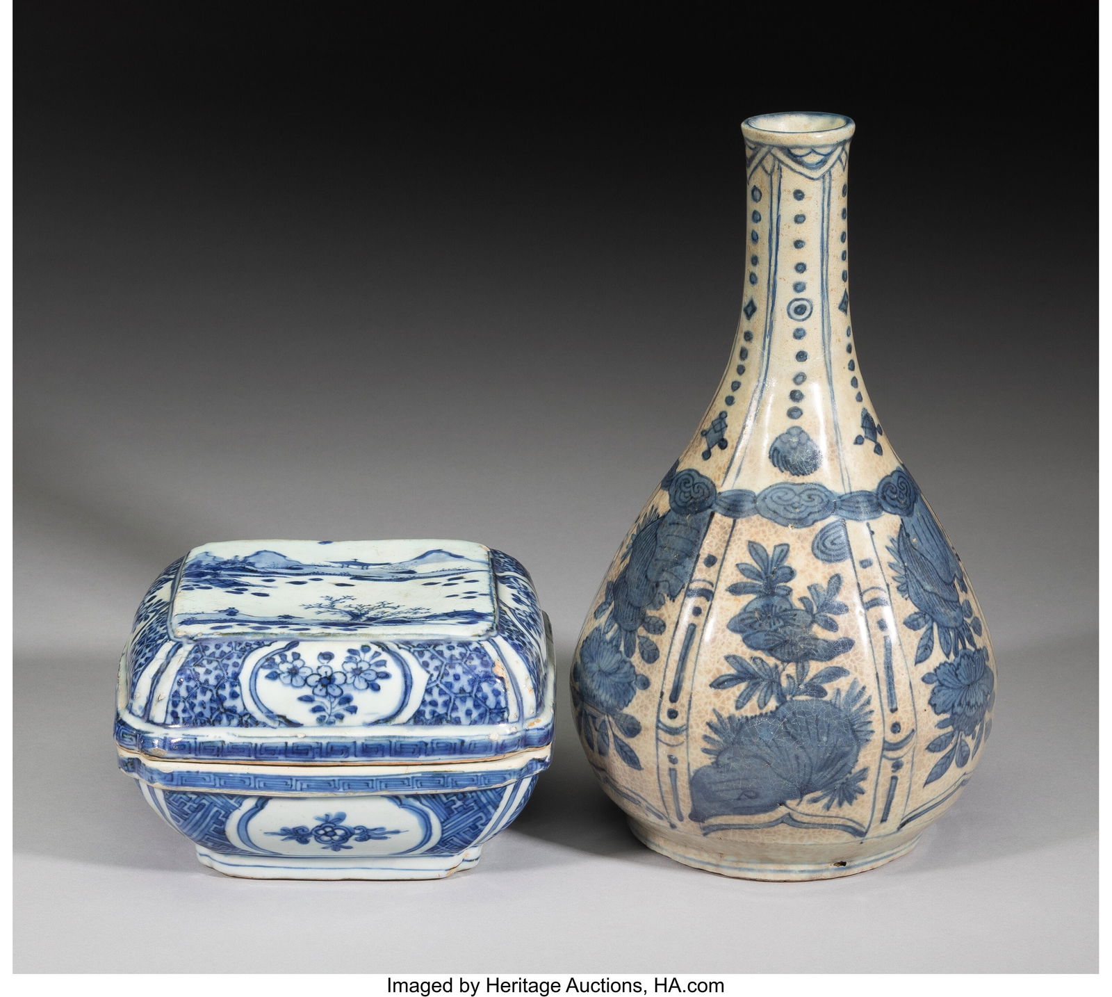 Two Blue and White Ceramic Vessels 11 x 6-1/2 x: Two Blue and White Ceramic Vessels 11 x 6-1/2 x 6-1/2 inches (27.9 x 16.5 x 16.5 cm) (tallest) HID03101062020 © 2026 Heritage Auctions