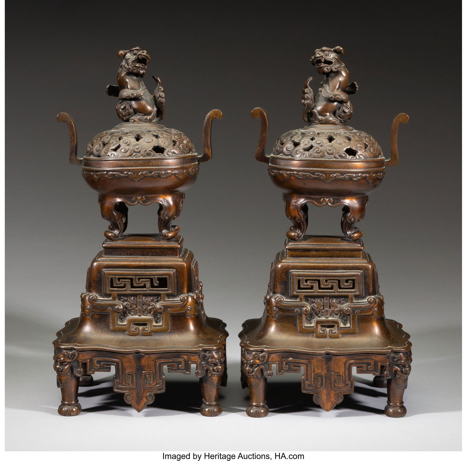 A Pair of Chinese Bronze Censers on Stands, 19th (1 of 2)