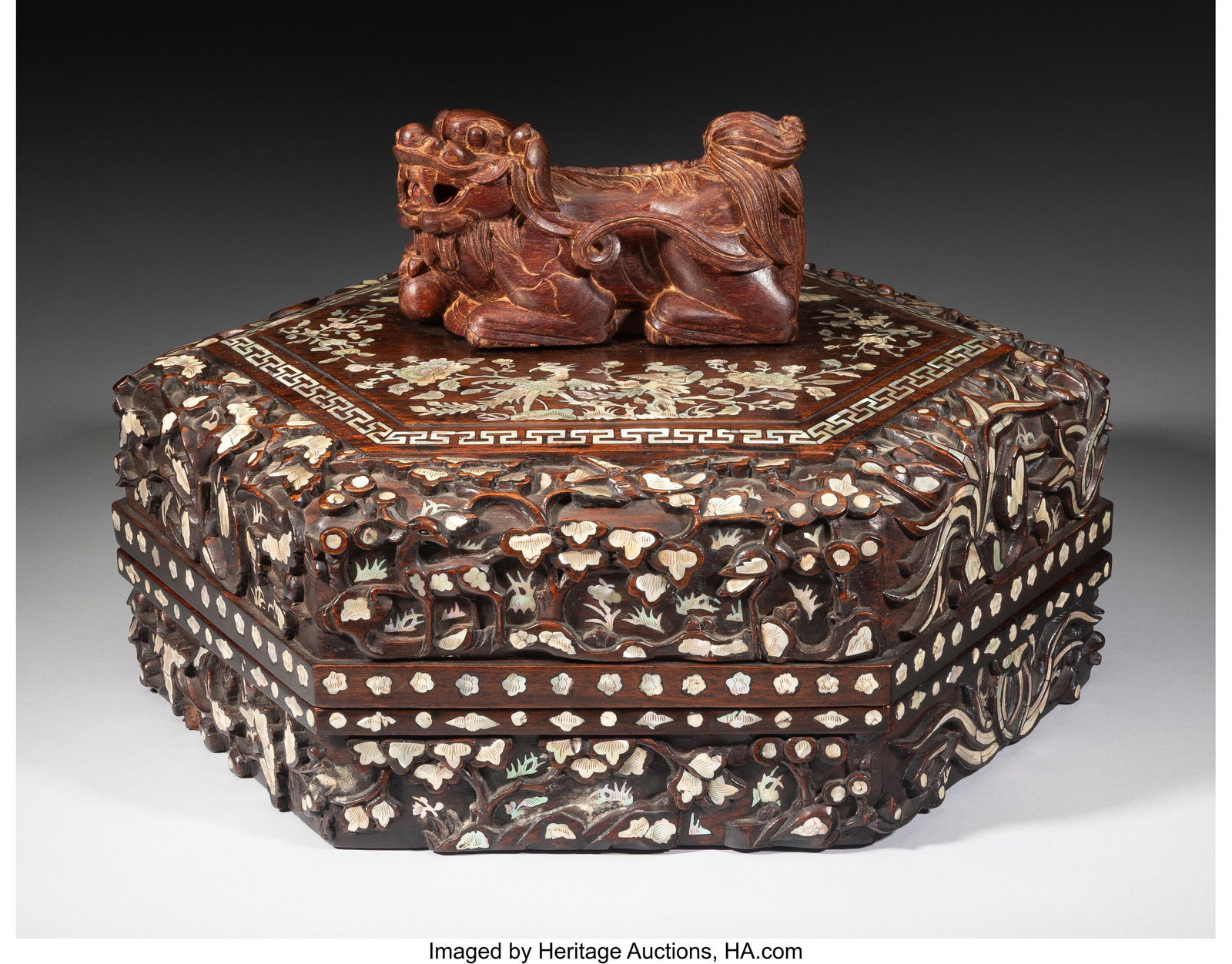 A Chinese Mother-of-Pearl Inlaid Wood Hexagonal (1 of 4)