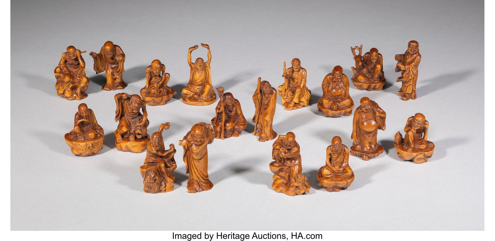 Nine Pairs of Chinese Carved Wood Figures: Luoha (1 of 4)