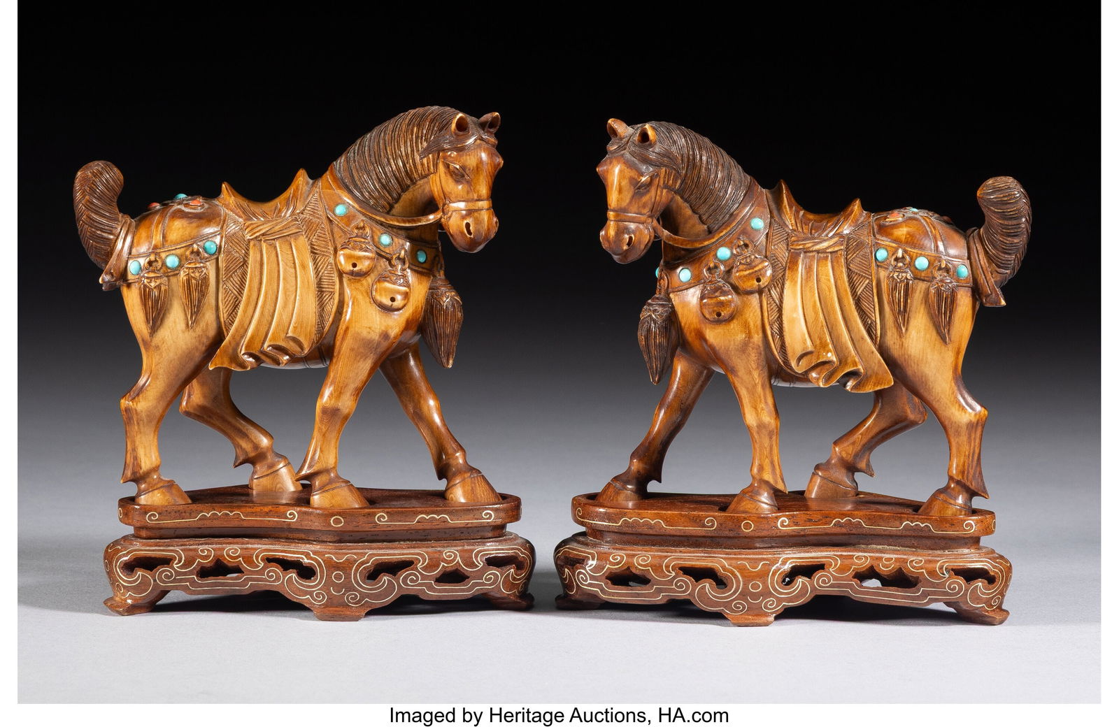 A Pair of Chinese Carved Wood Horses with Turquo: A Pair of Chinese Carved Wood Horses with Turquoise & Coral Inlay, 20th century 4-3/4 x 4-1/4 x 2-1/4 inches (12.1 x 10.8 x 5.7 cm) Property from t
