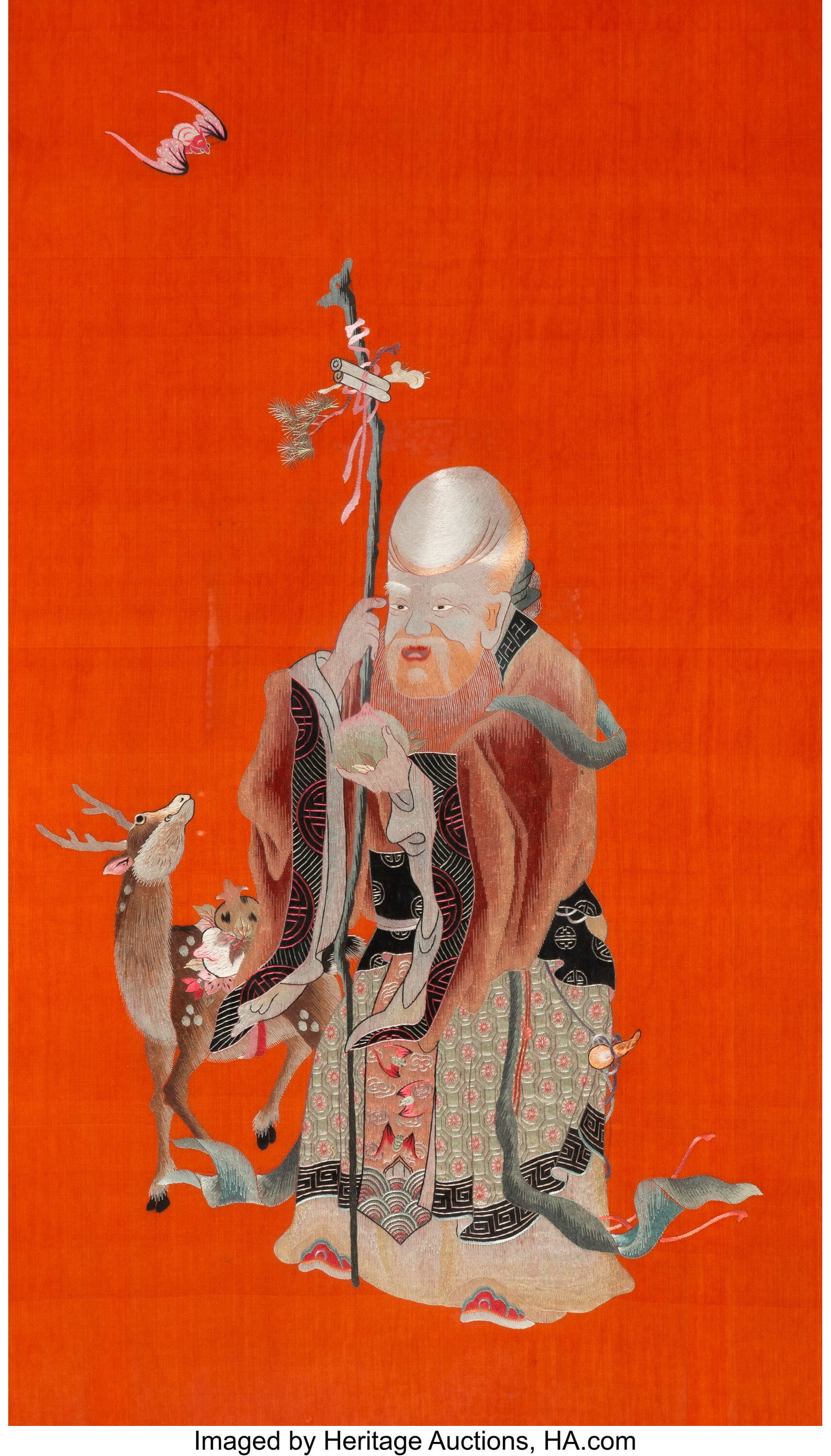 A Chinese Silk Embroidered Hanging Panel of Shou (1 of 2)