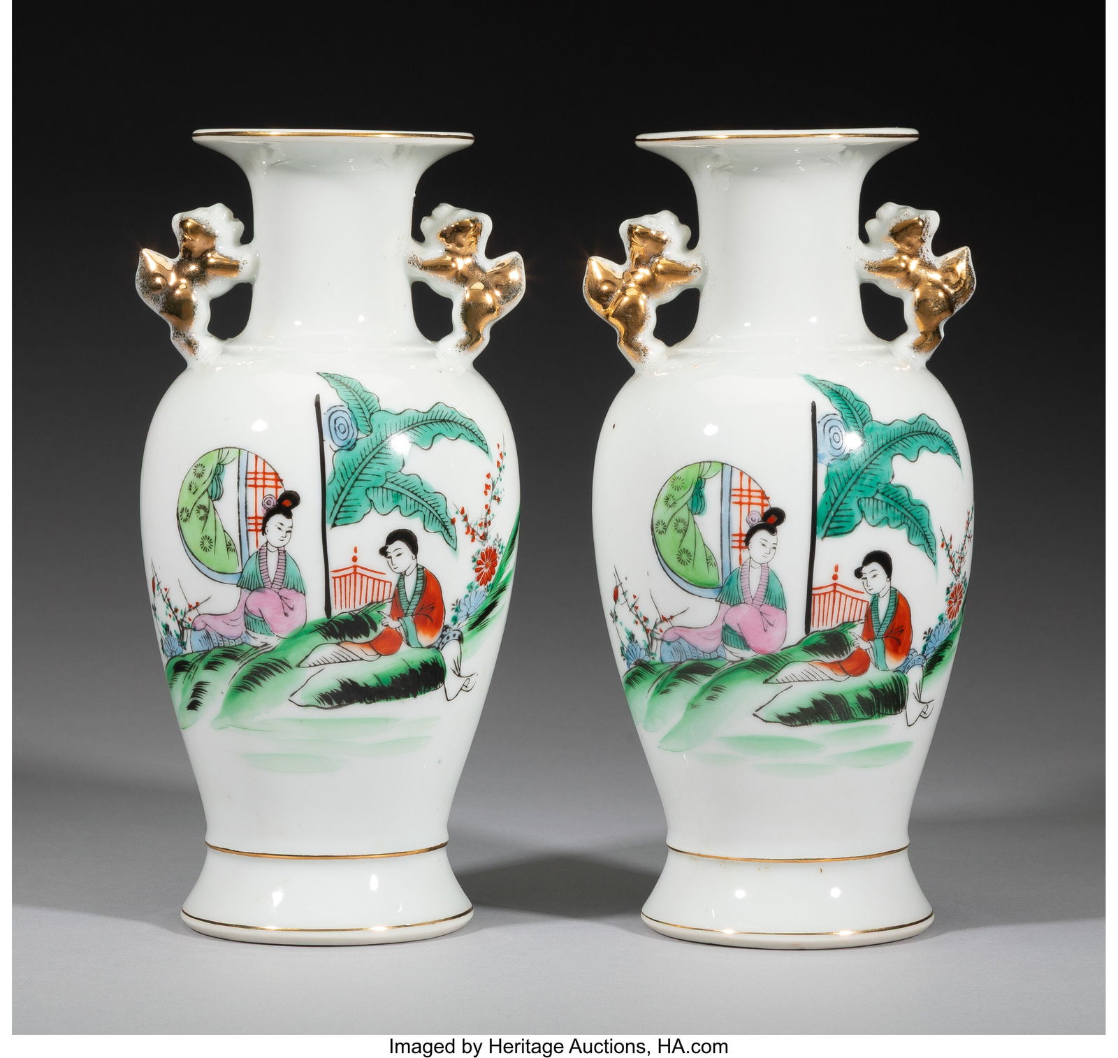 A Pair of Japanese Partial Gilt and Enameled Vas: A Pair of Japanese Partial Gilt and Enameled Vases, 20th century Marks: (four-character mark), MADE IN JAPAN 9-1/2 x 4-1/4 x 4-1/4 inches (24.1 x 10